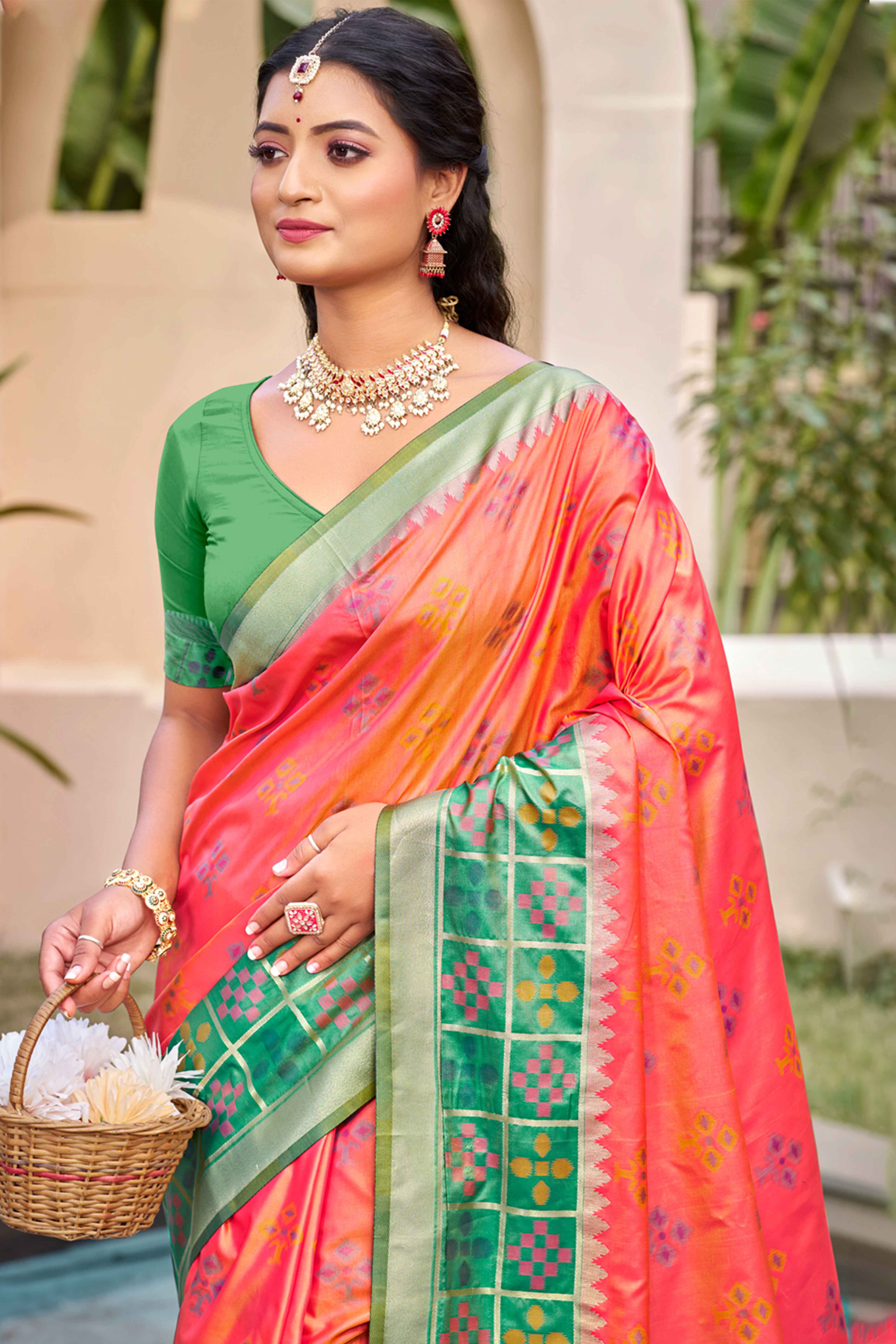 Salmon Pink Woven Cotton Silk Saree With Tassels
