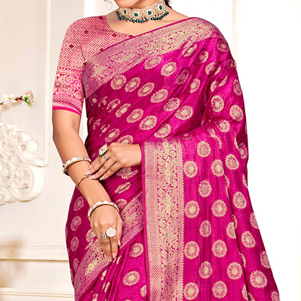 Magenta Floral Woven Cotton Silk Saree With Tassels