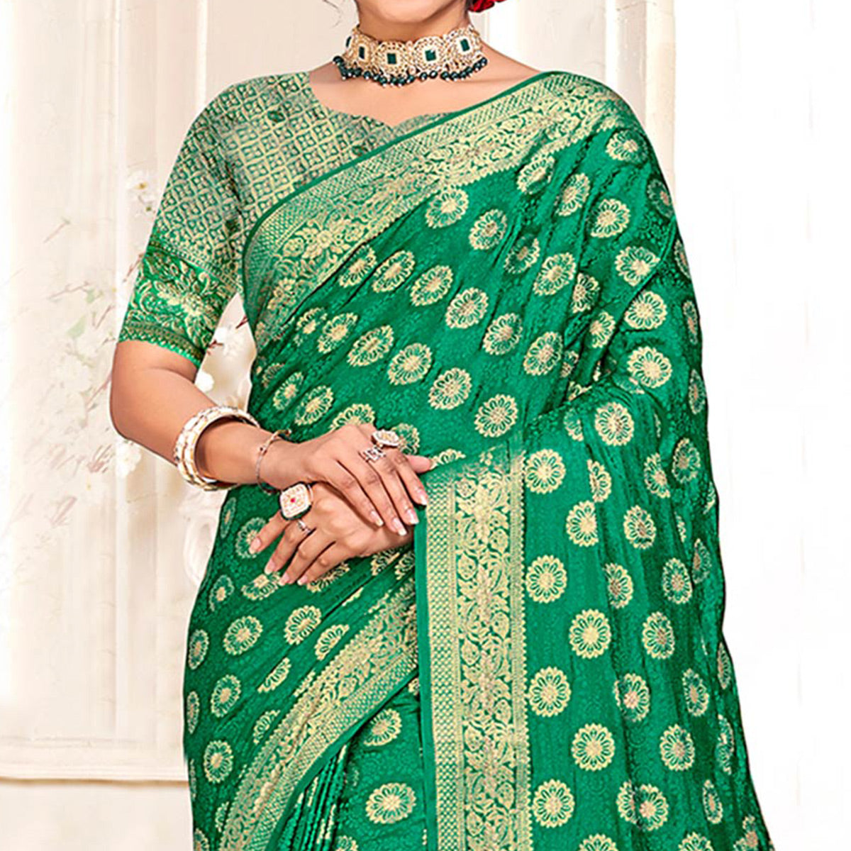 Green Floral Woven Cotton Silk Saree With Tassels