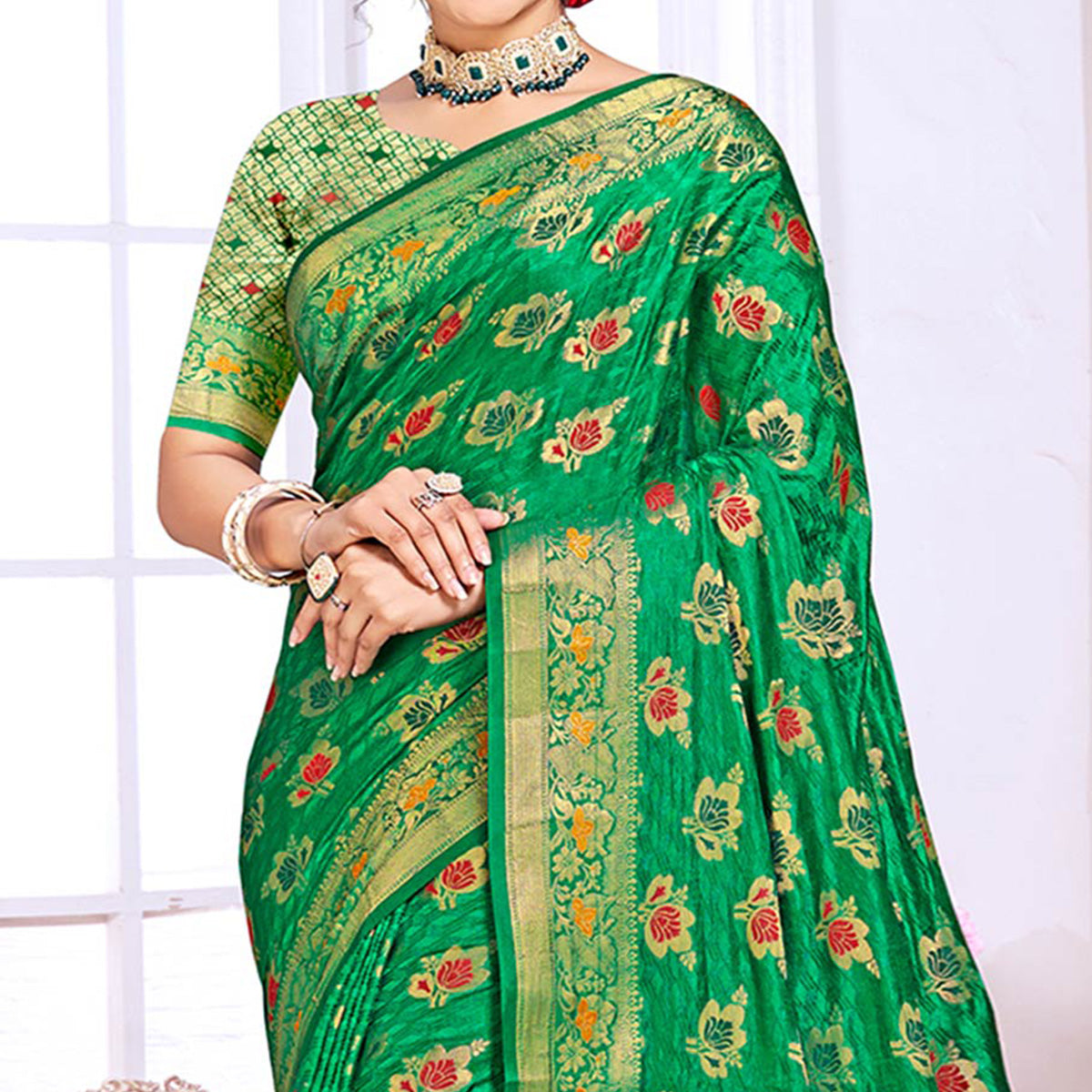Green Floral Woven Cotton Silk Saree With Tassels