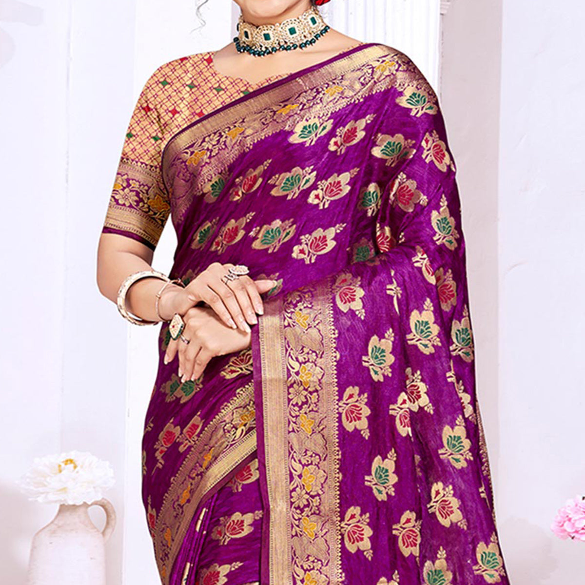 Purple Floral Woven Cotton Silk Saree With Tassels