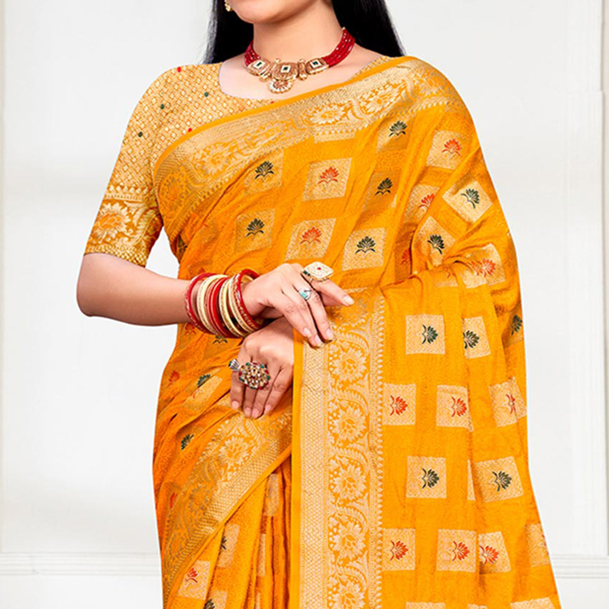 Mustard Floral Woven Cotton Silk Saree With Tassels
