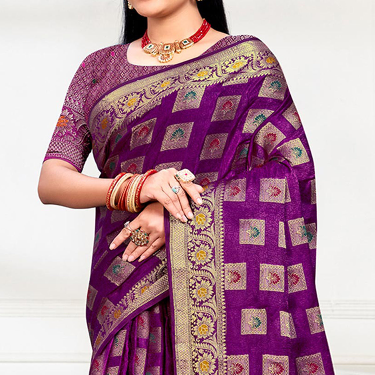 Purple Floral Woven Cotton Silk Saree With Tassels