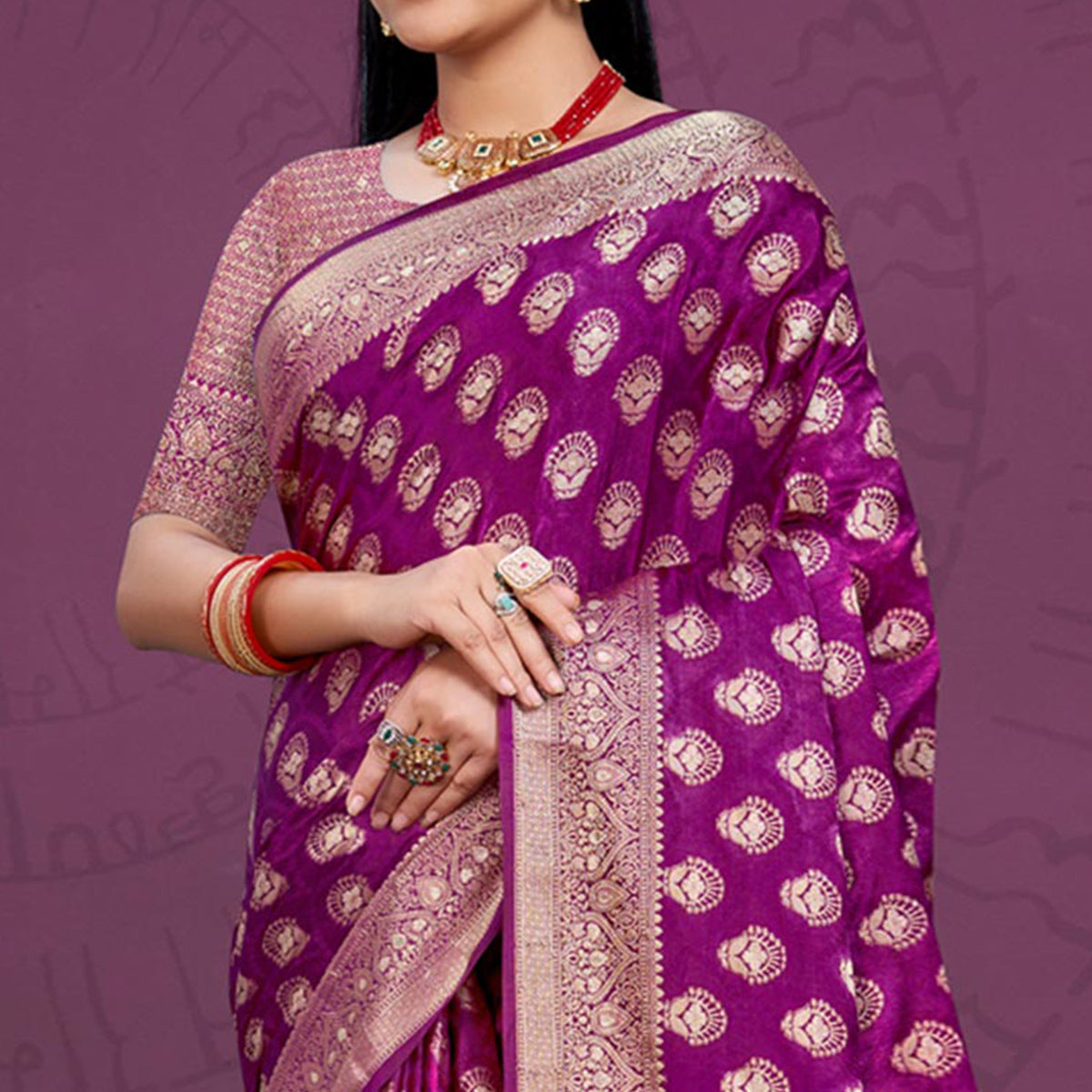 Purple Floral Woven Cotton Silk Saree With Tassels