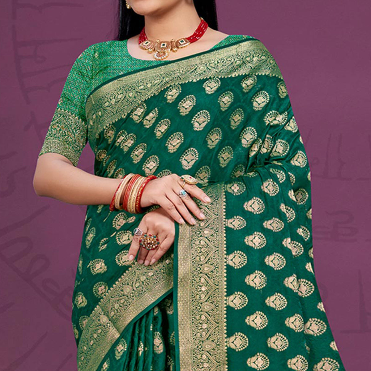 Green Floral Woven Cotton Silk Saree With Tassels