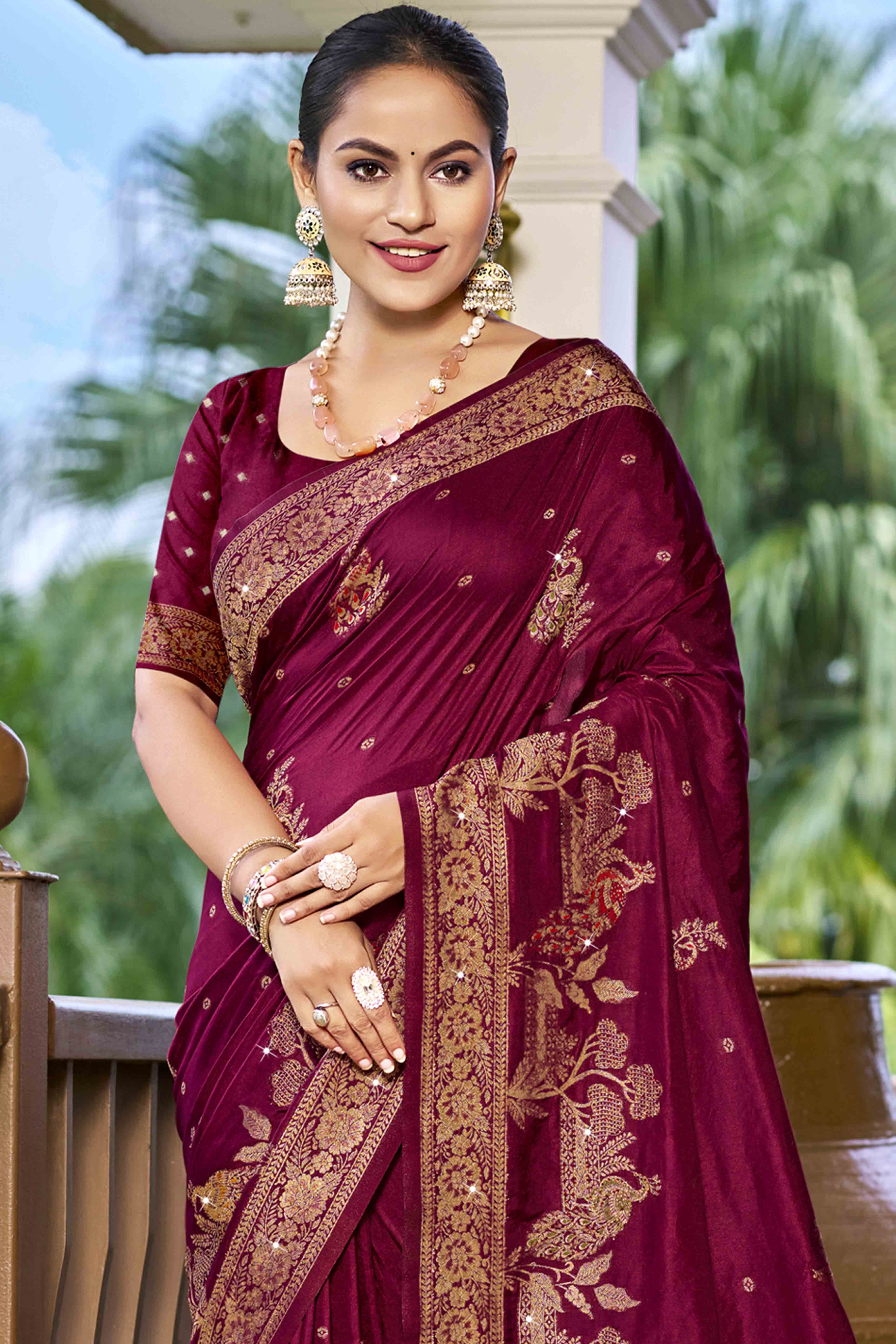 Wine Stone Work Weaving Satin Silk Saree