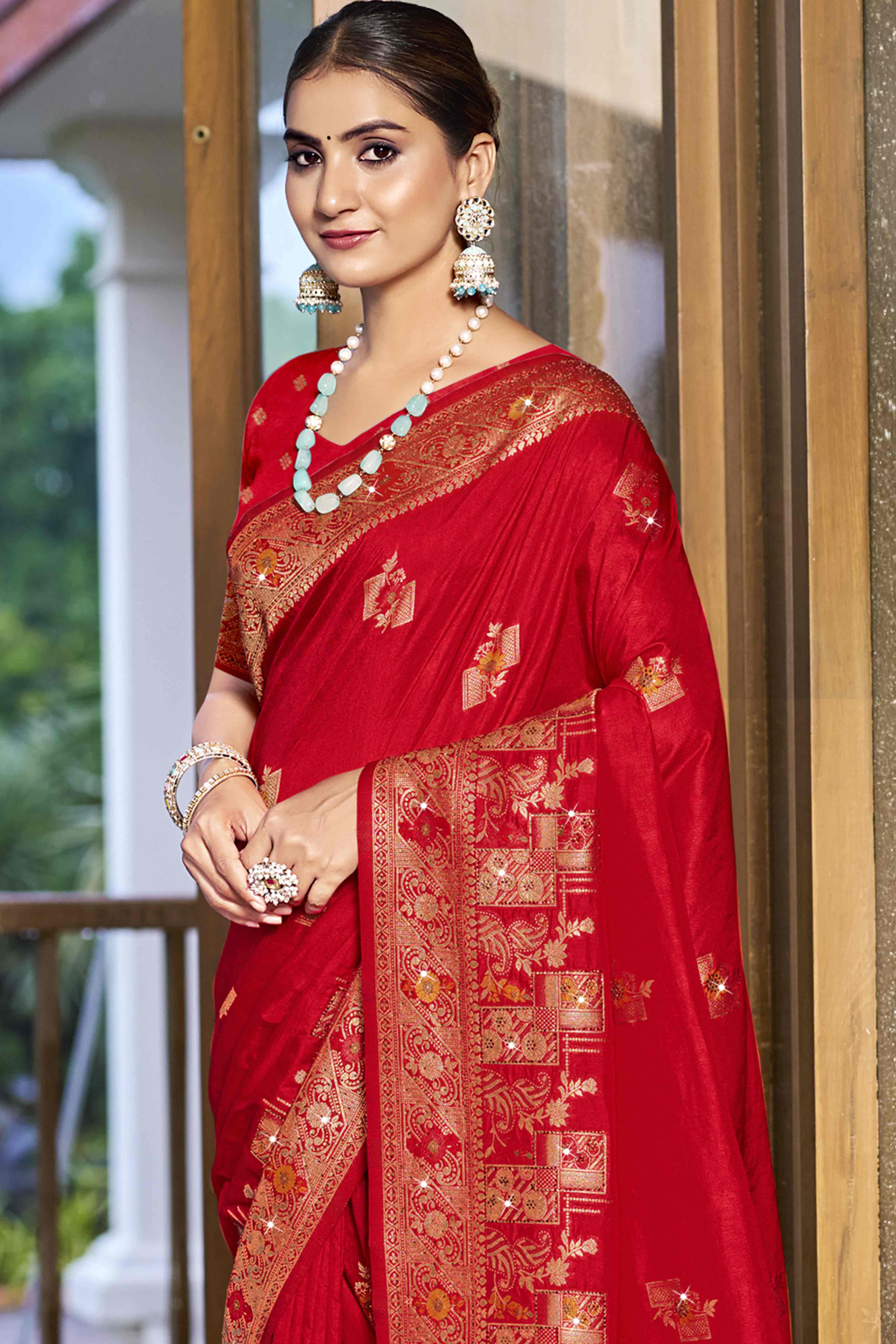 Red Stone Work Weaving Satin Silk Saree