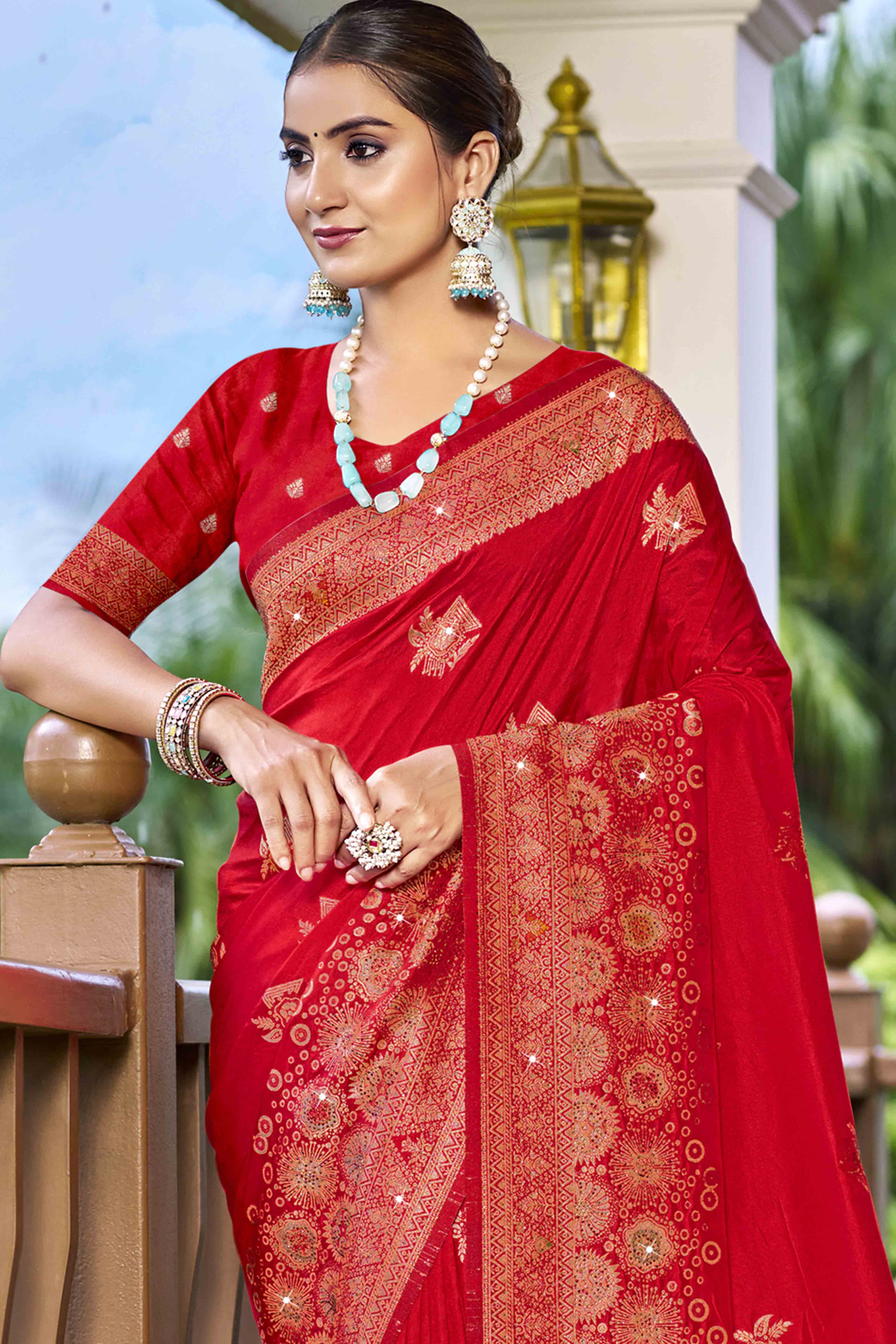 Red Stone Work Weaving Satin Silk Saree