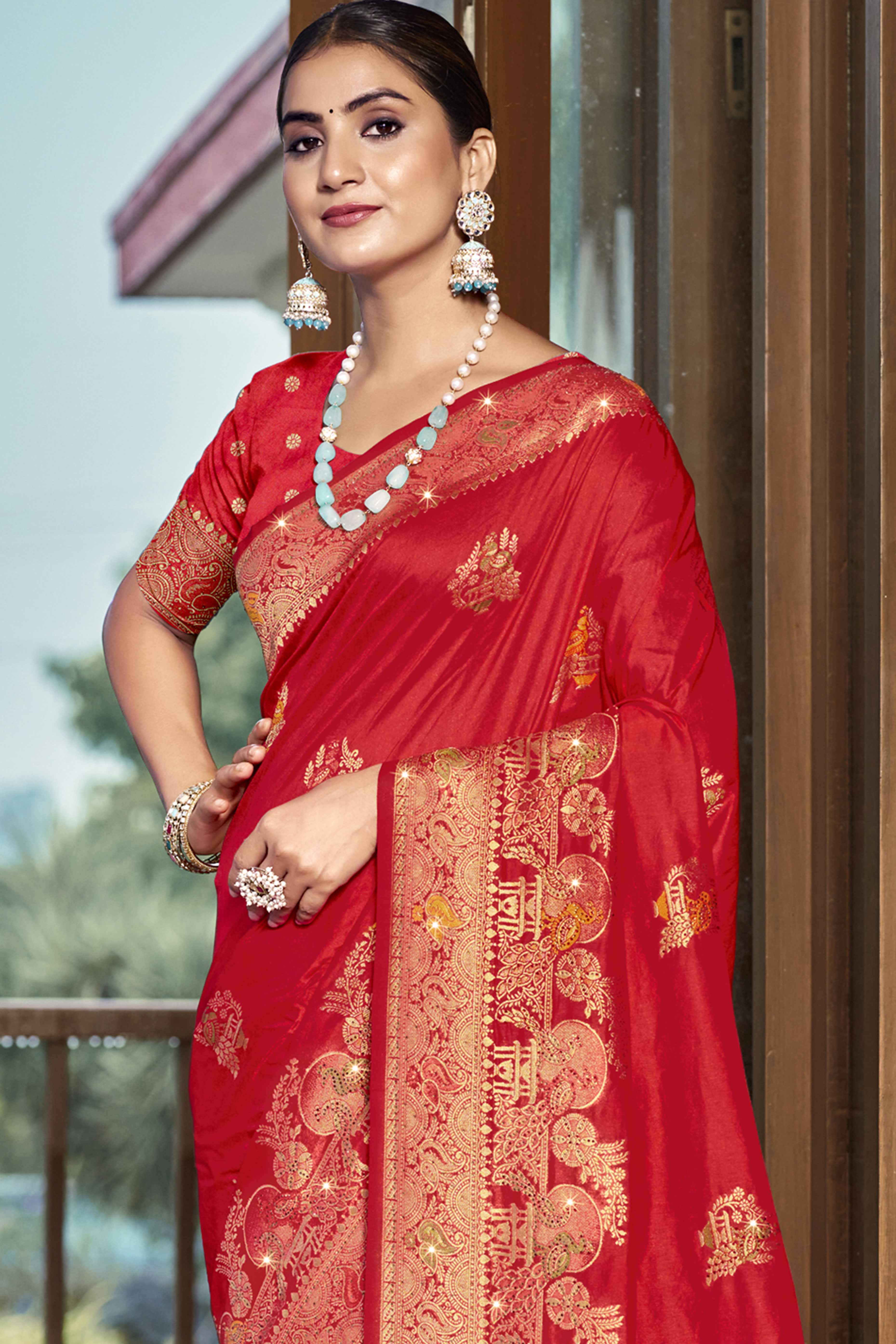 Red Floral Woven With Swarovski Work Pure Silk Saree With Tassels