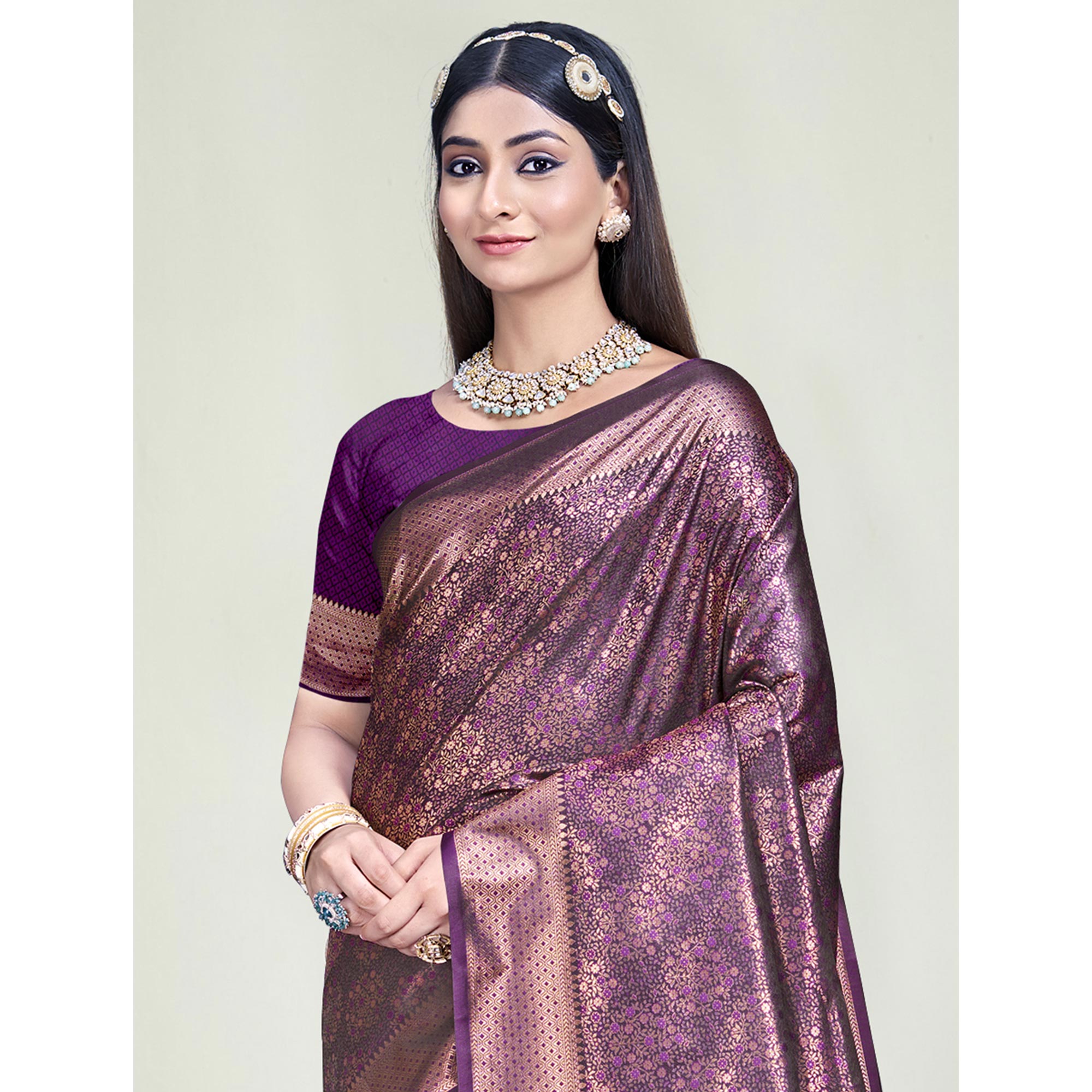 Purple Floral Woven Banarasi Silk Saree With Tassels