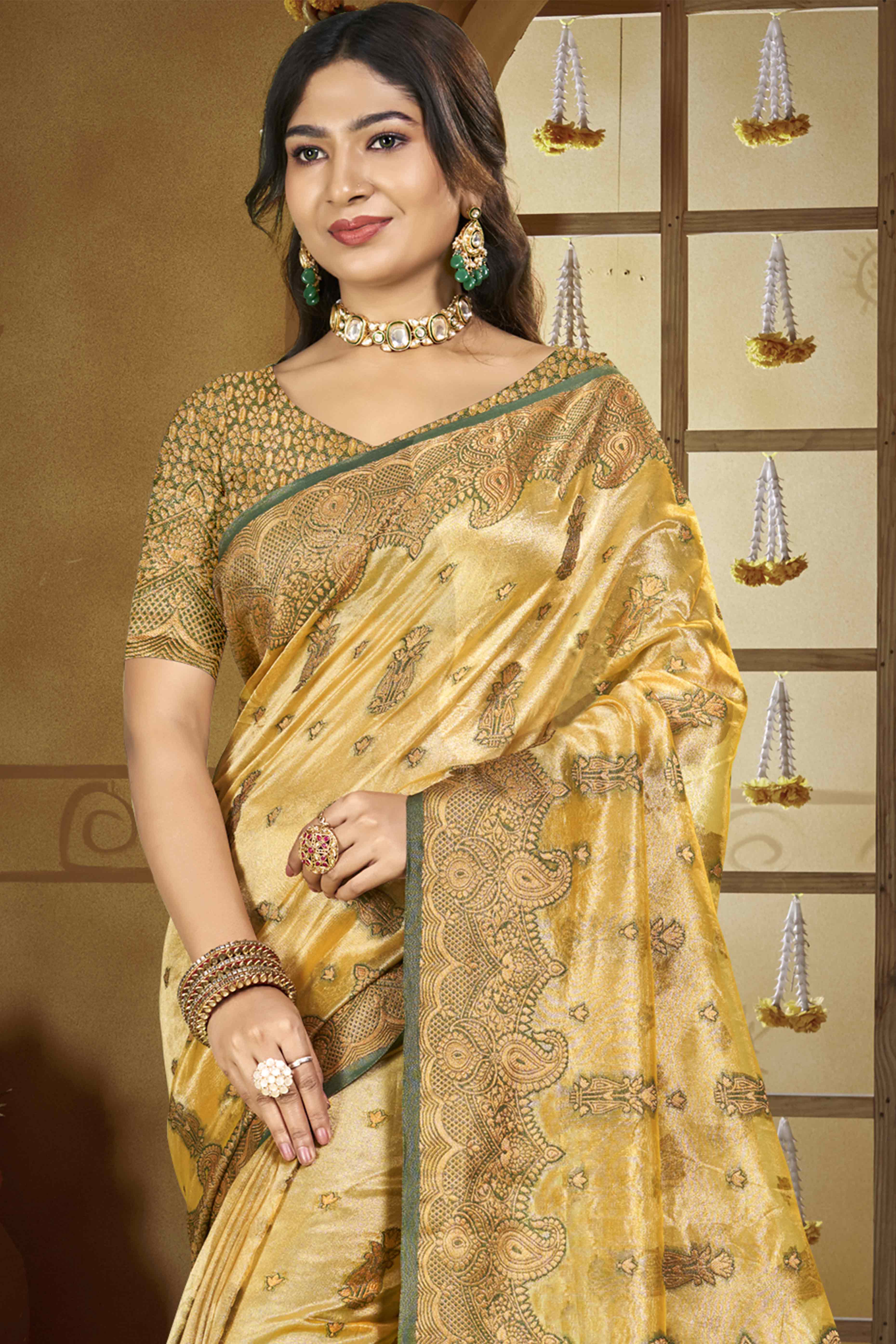 Golden Paisley Pattern Woven Organza Silk Saree