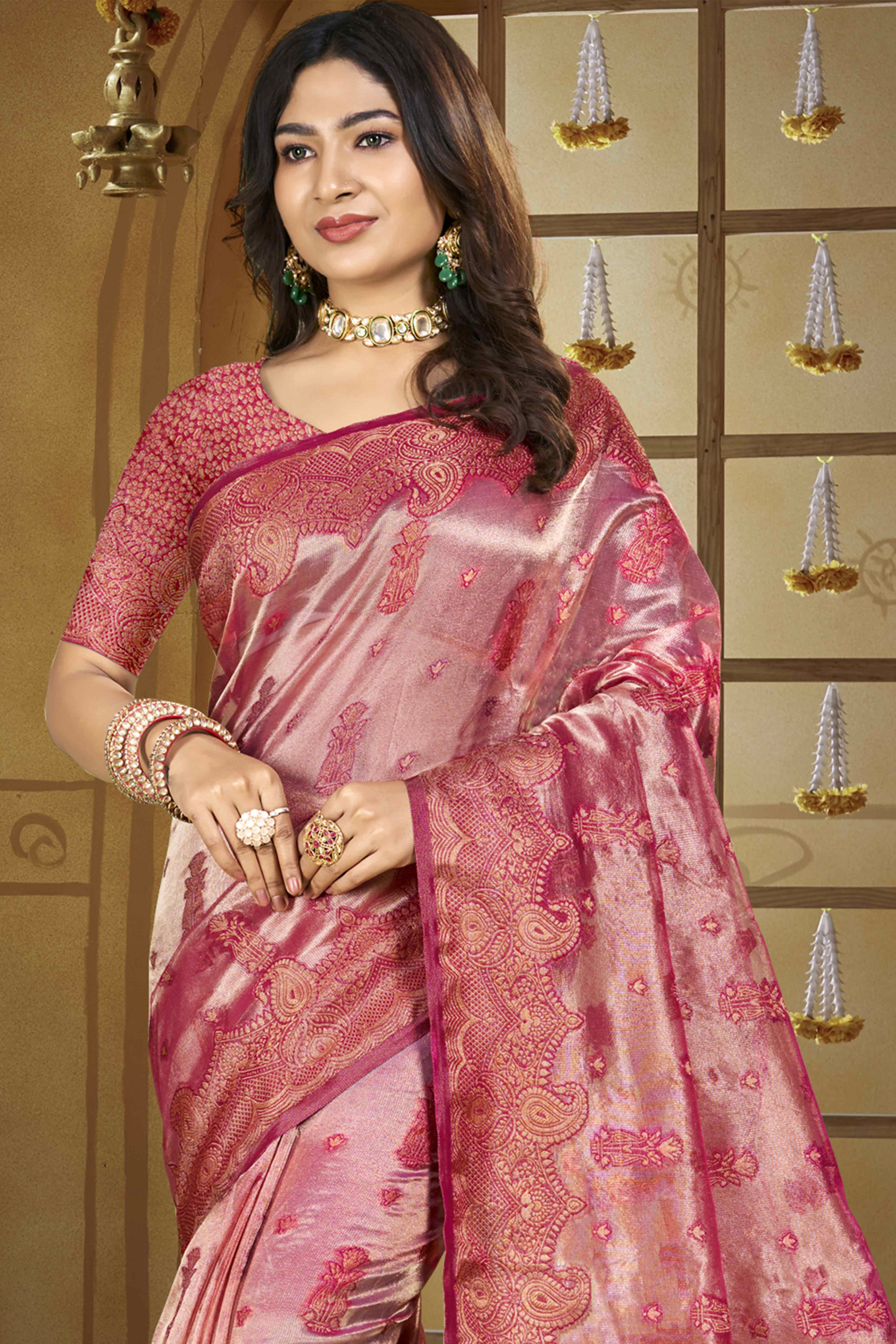Pink Paisley Pattern Woven Organza Silk Saree