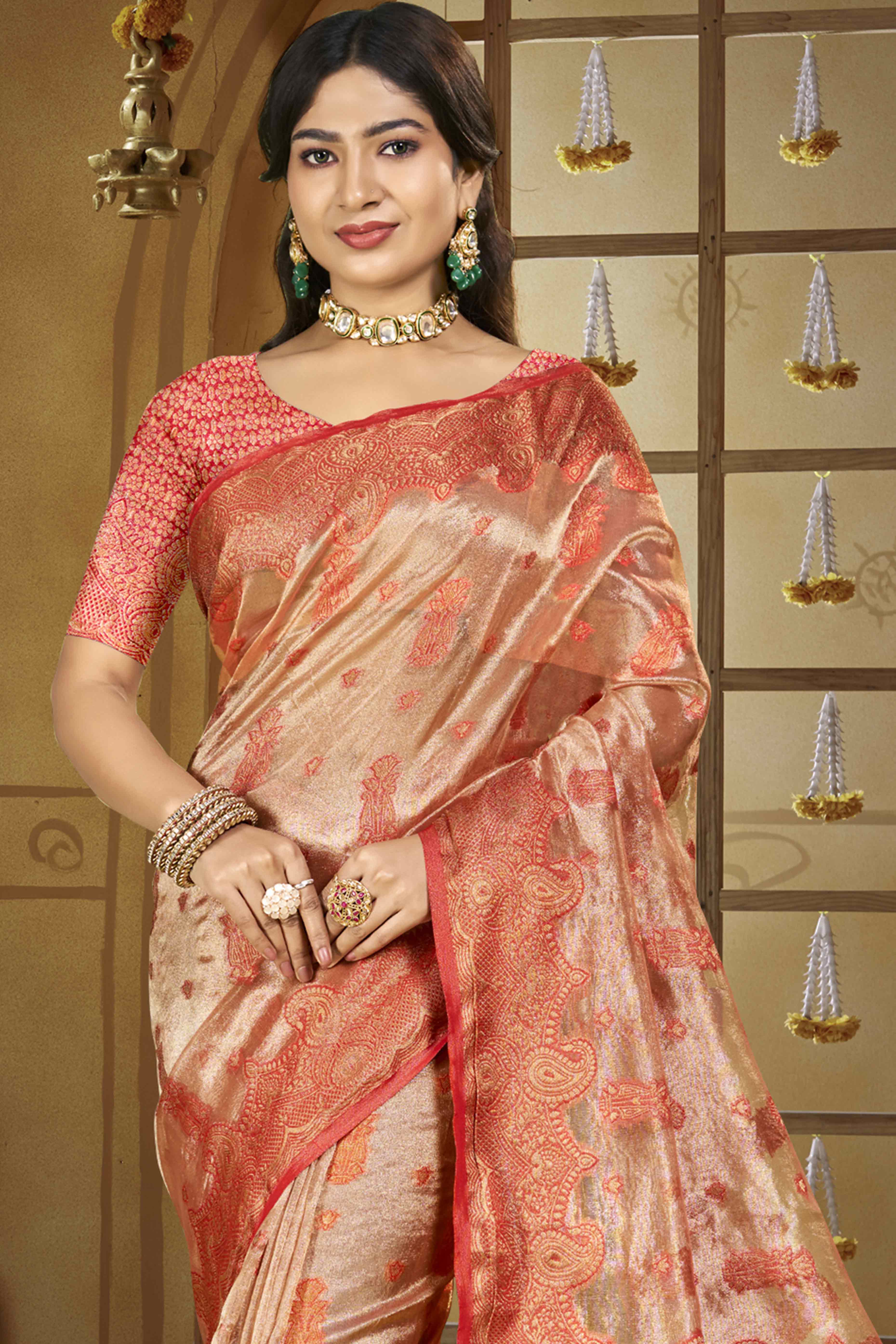 Peach Paisley Pattern Woven Organza Silk Saree