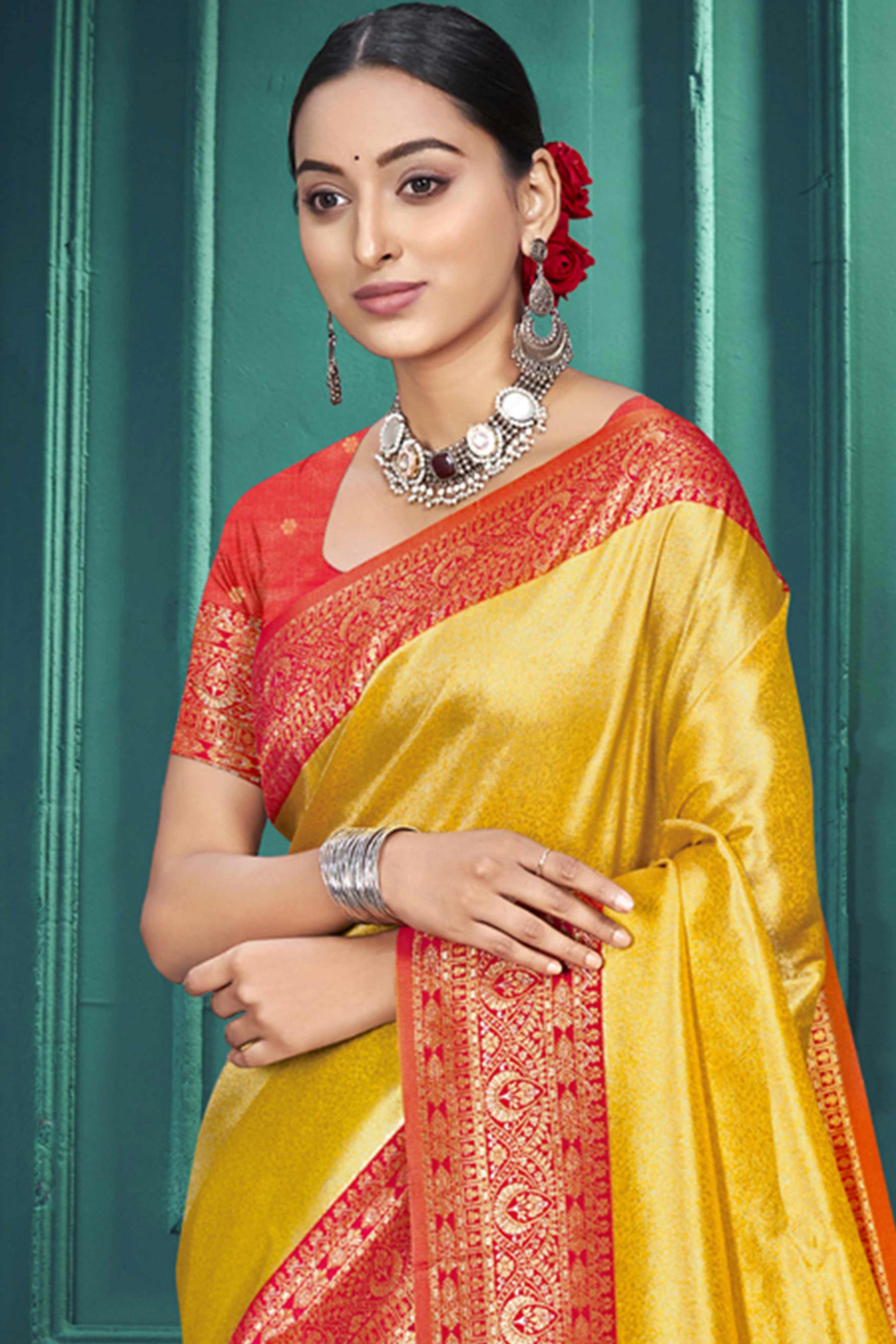 Exclusive Yellow Floral Motif Woven Kanjivaram Silk Saree With Graceful Tassel Pallu
