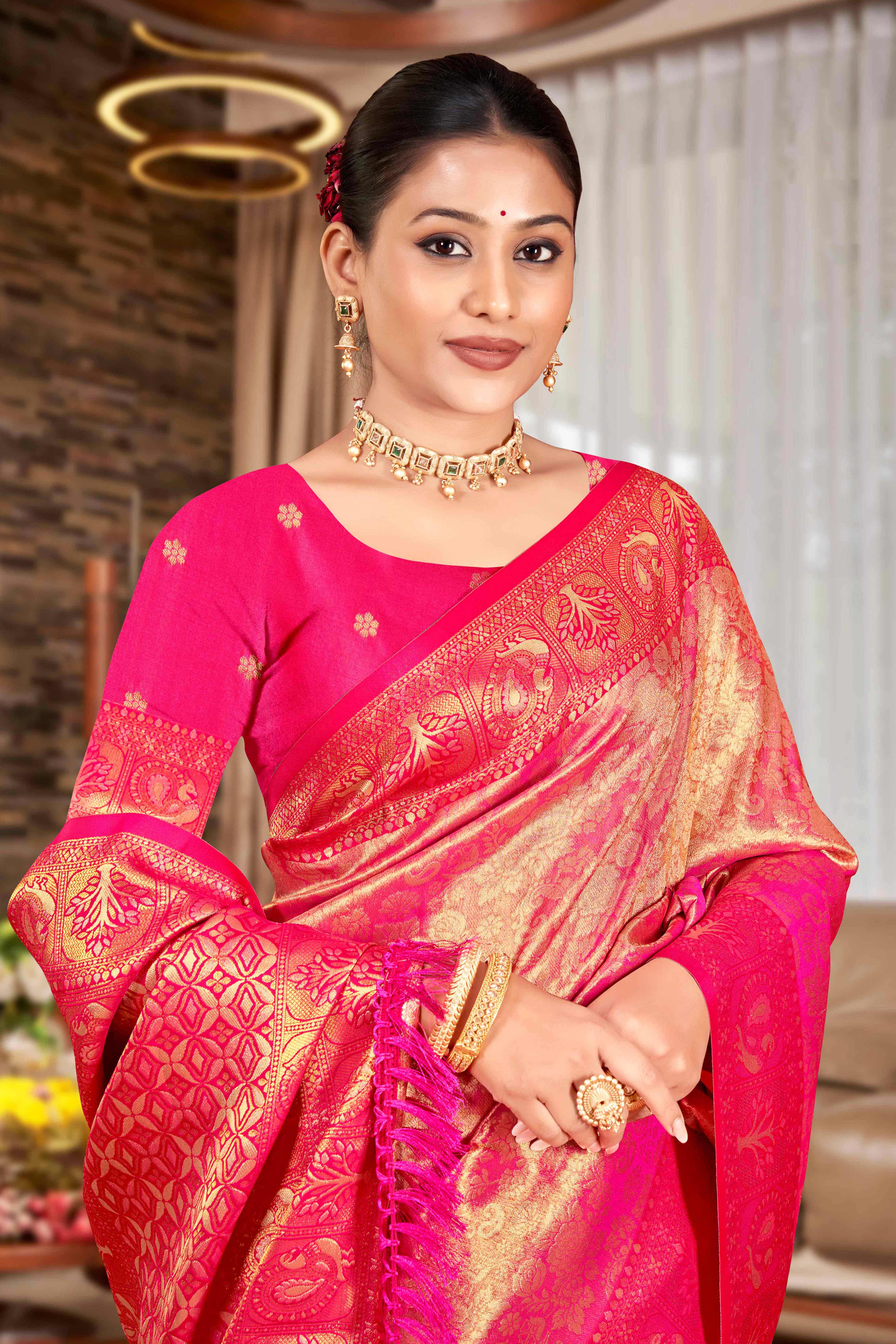 Premium Rani Pink Floral and Peacock Motif Woven Kanjivaram Silk Saree With Tassel Pallu