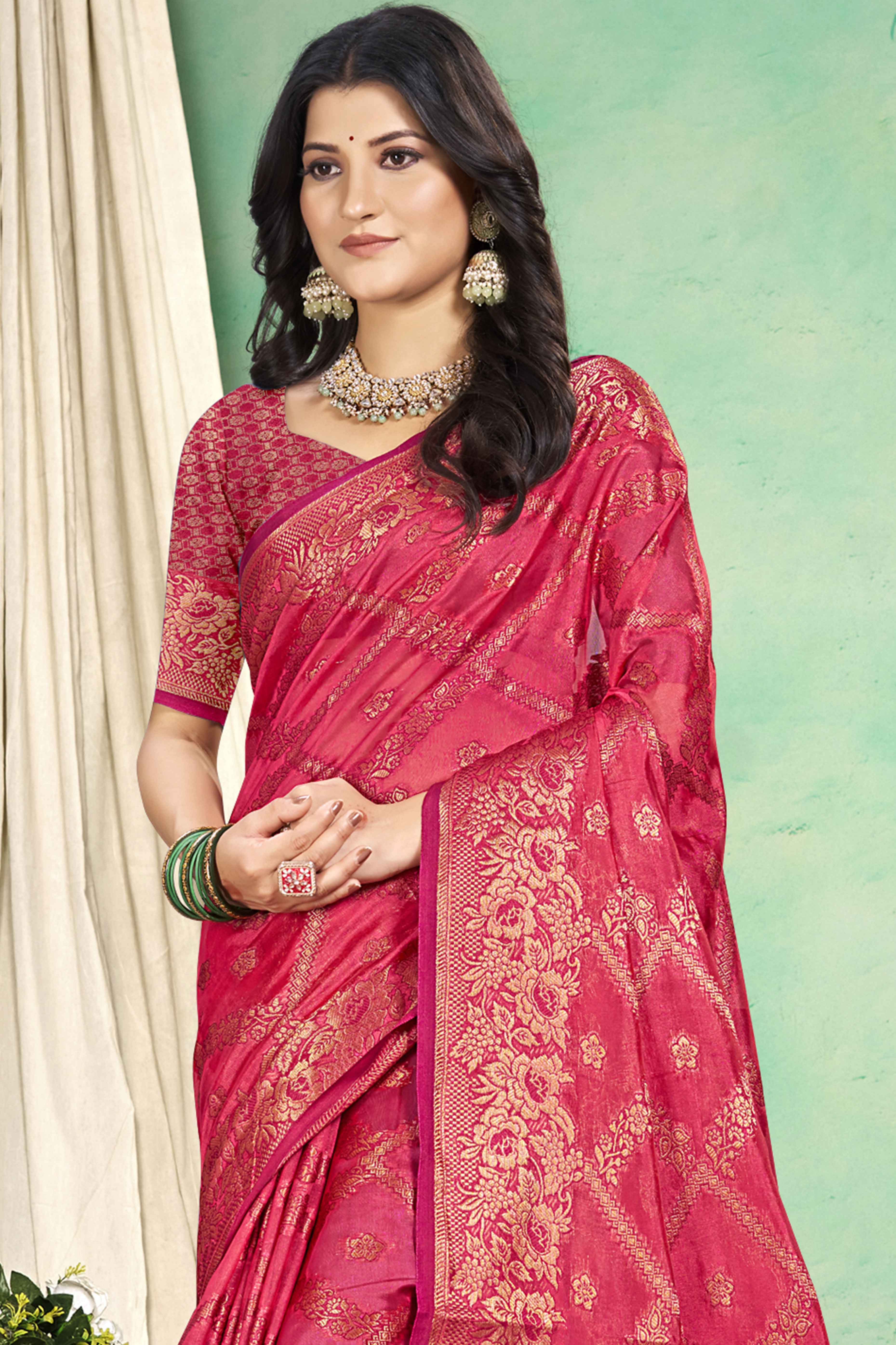 Pink Floral Woven Cotton Silk Saree