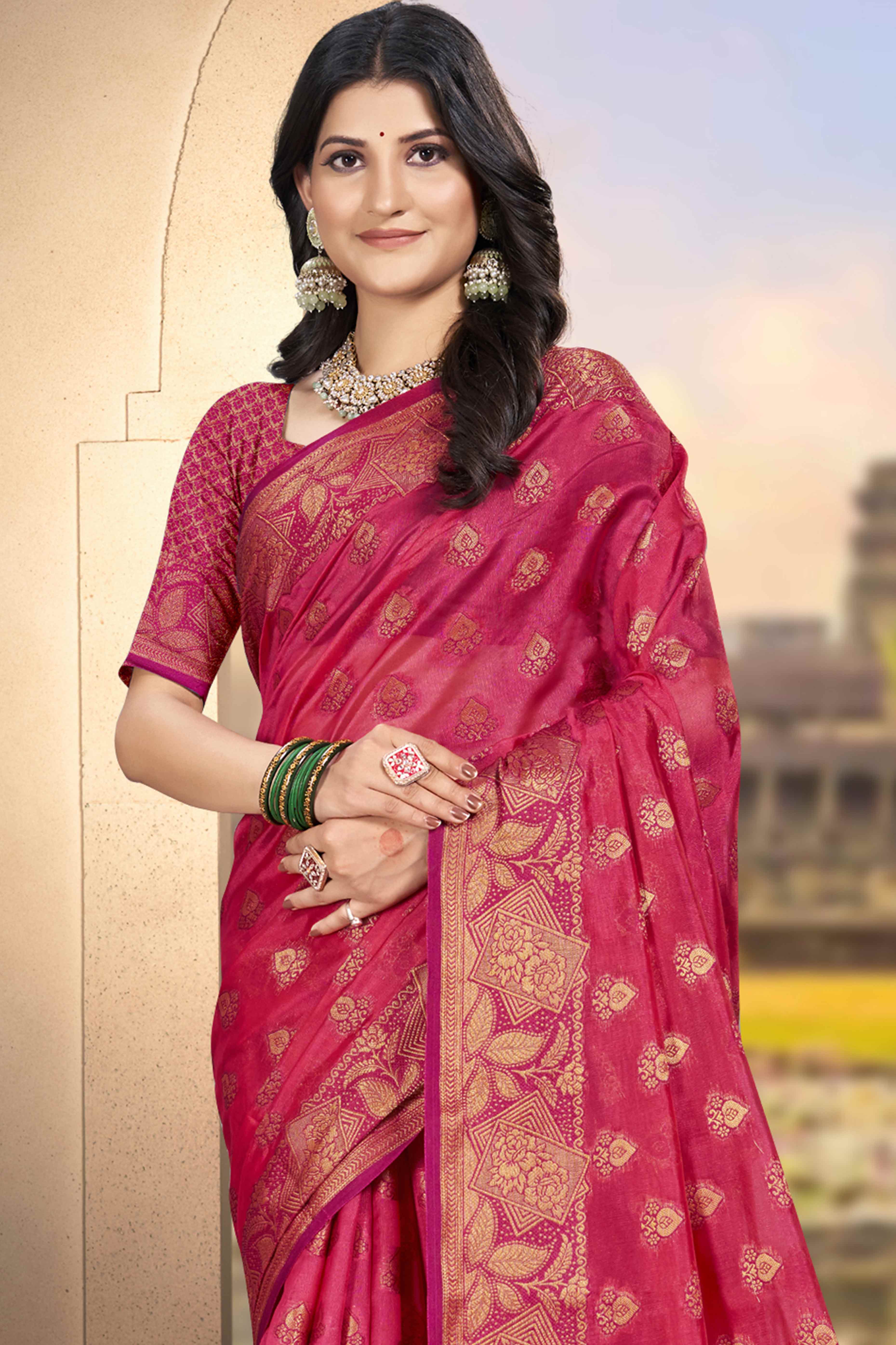 Pink Floral Woven Cotton Silk Saree