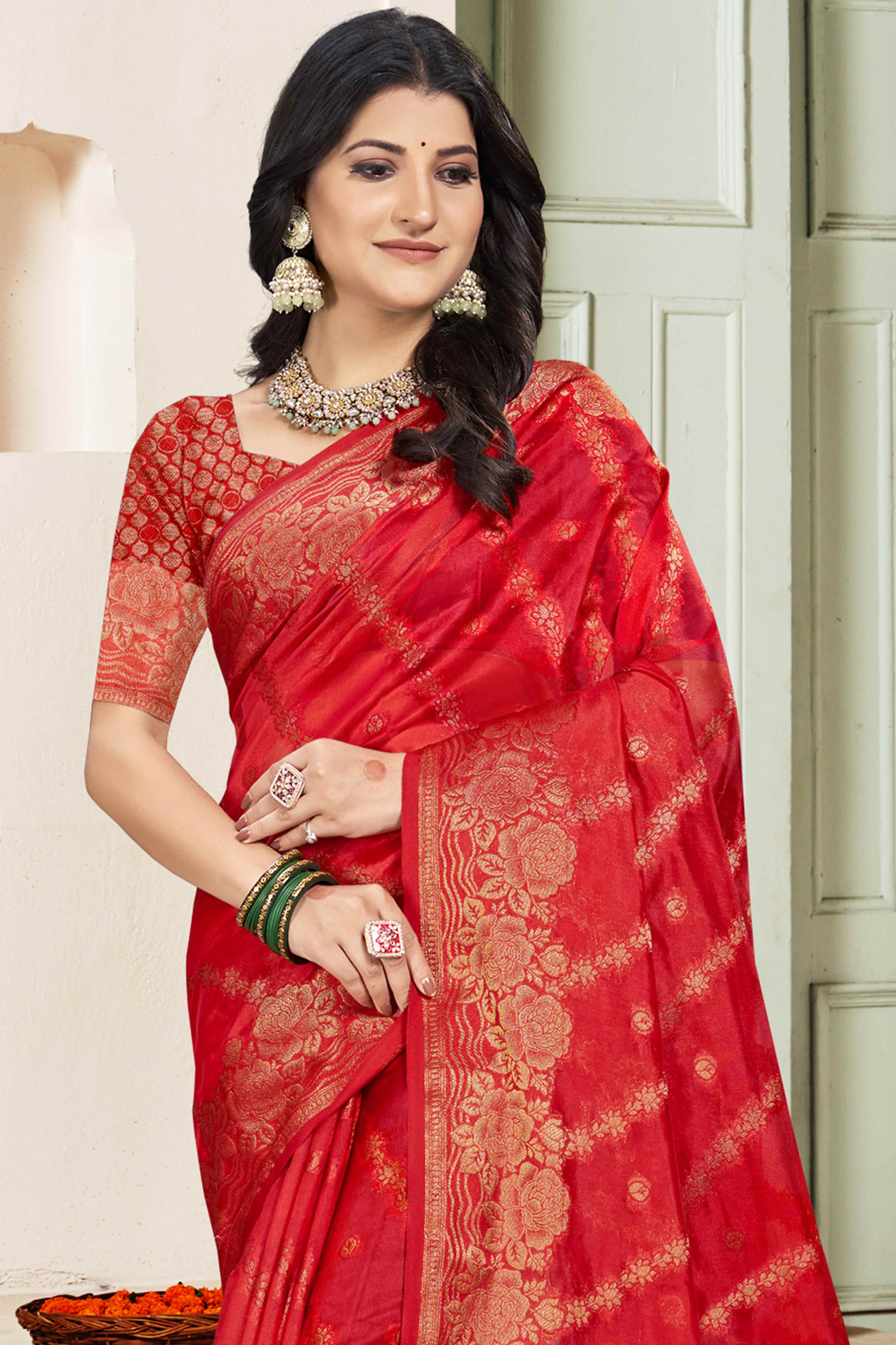 Red Floral Woven Cotton Silk Saree
