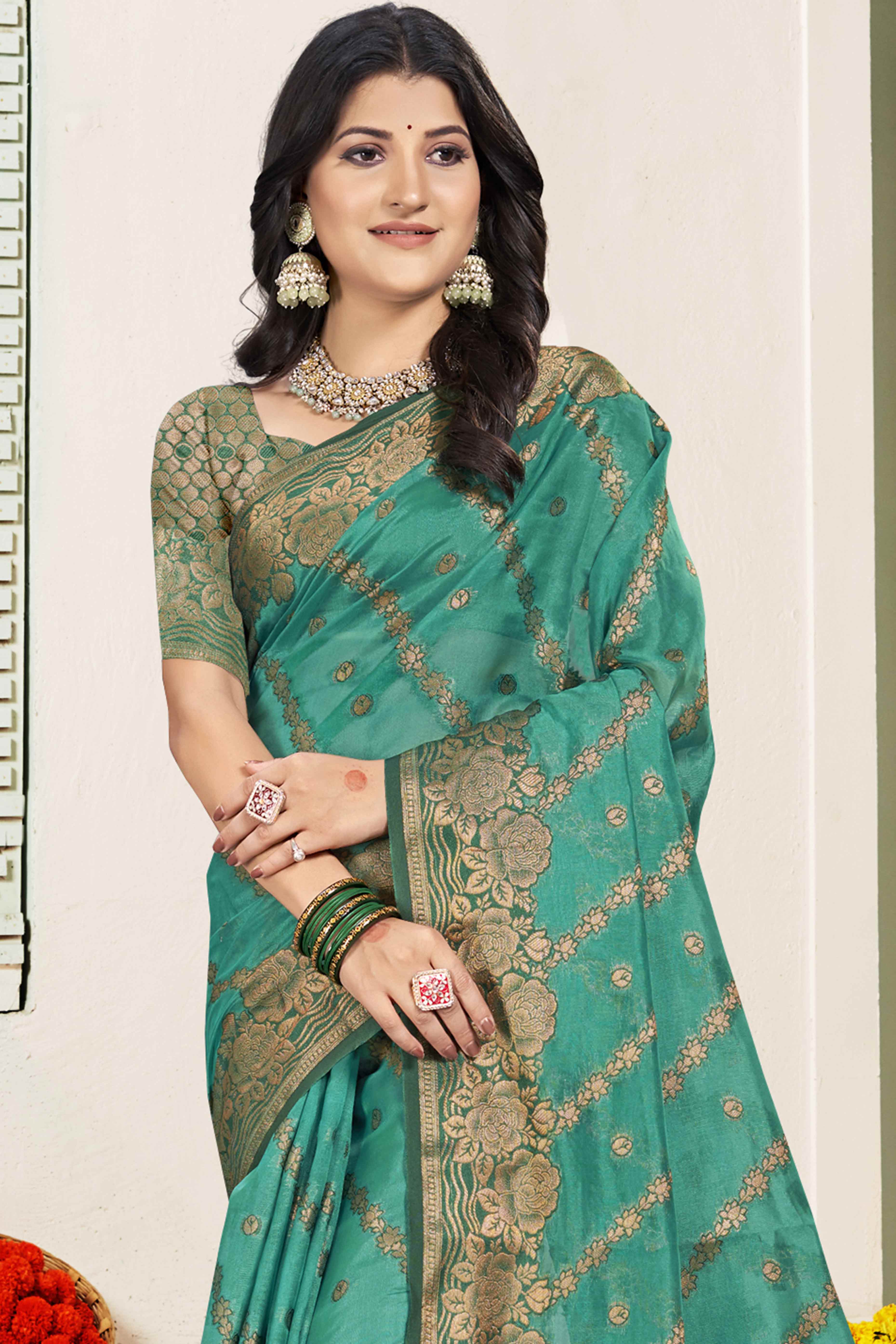 Turquoise Floral Woven Cotton Silk Saree
