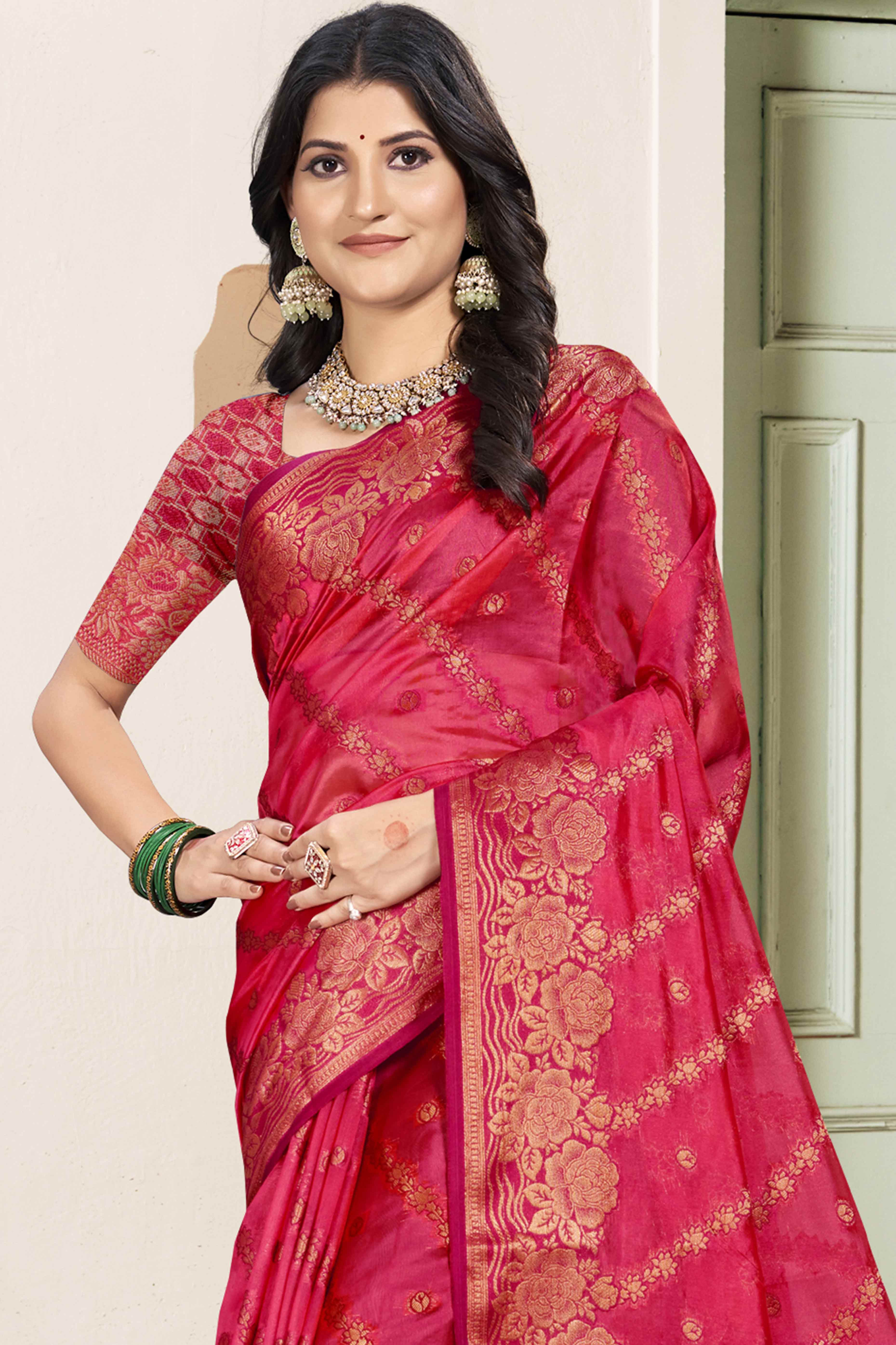 Pink Floral Woven Cotton Silk Saree