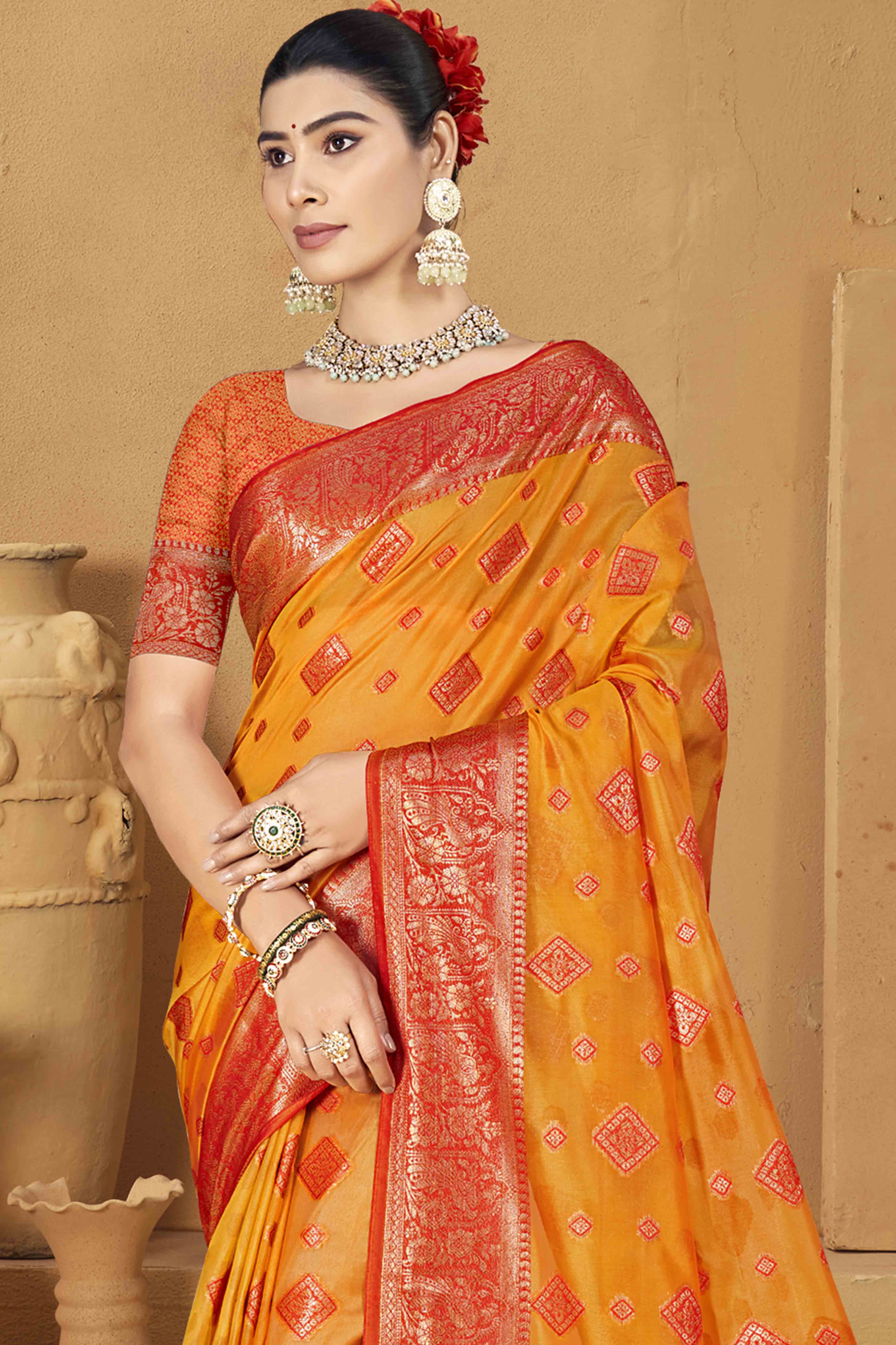 Orange Floral & Peacock Pattern Zari Woven Banarasi Silk Saree