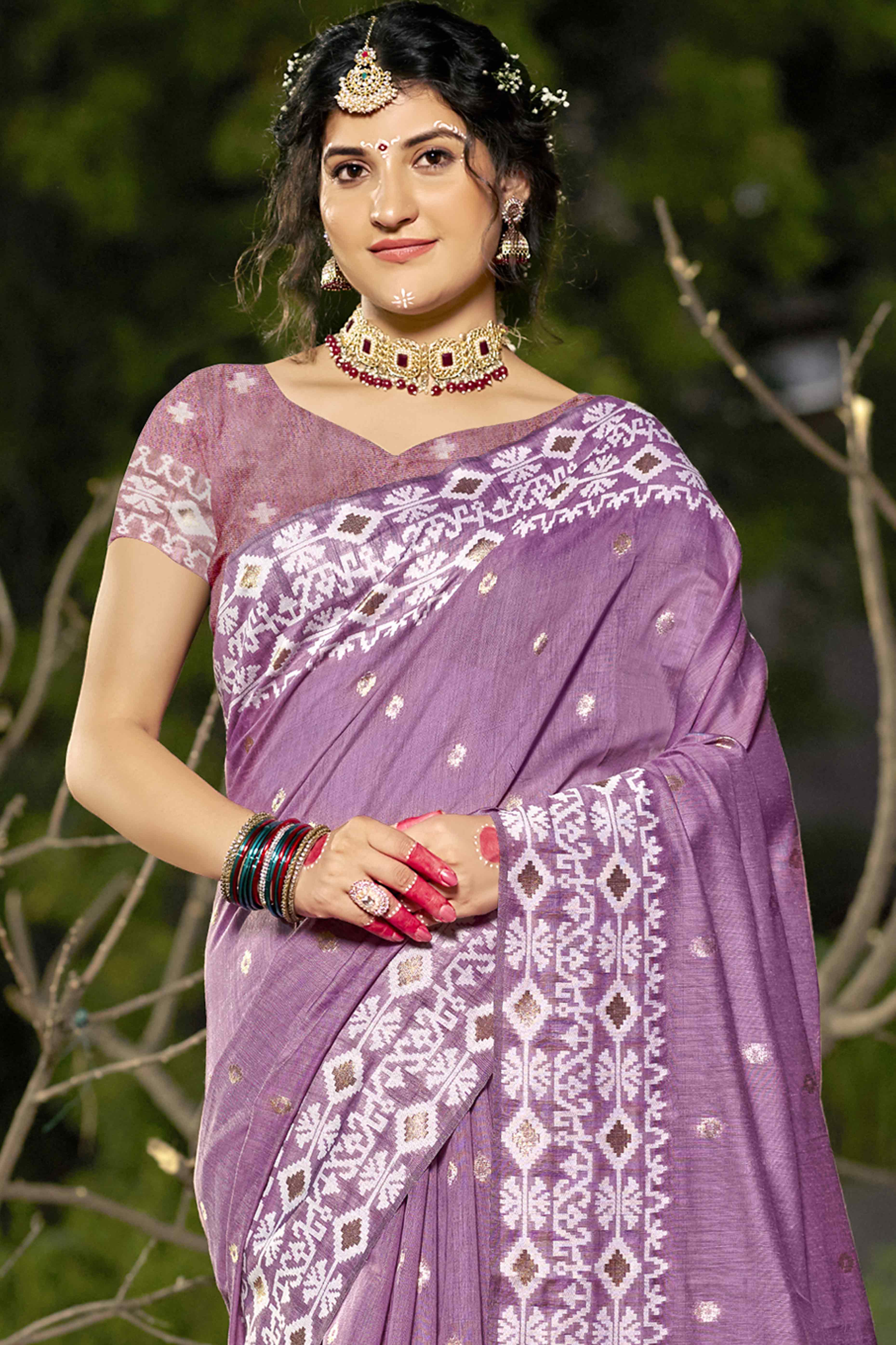Purple Woven Linen Cotton Saree With Tassels