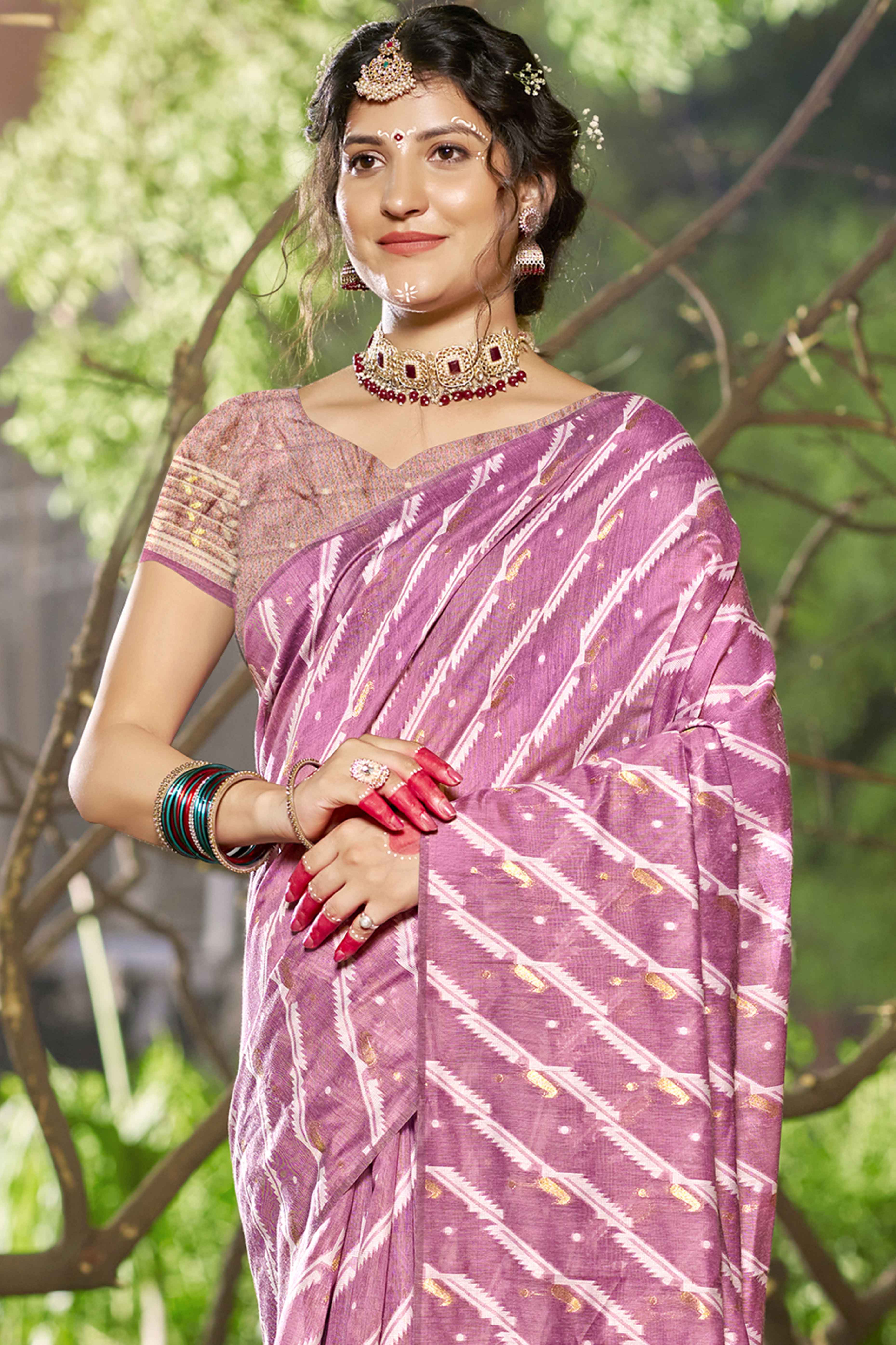 Onion Pink Printed With Woven Linen Cotton Saree With Tassels