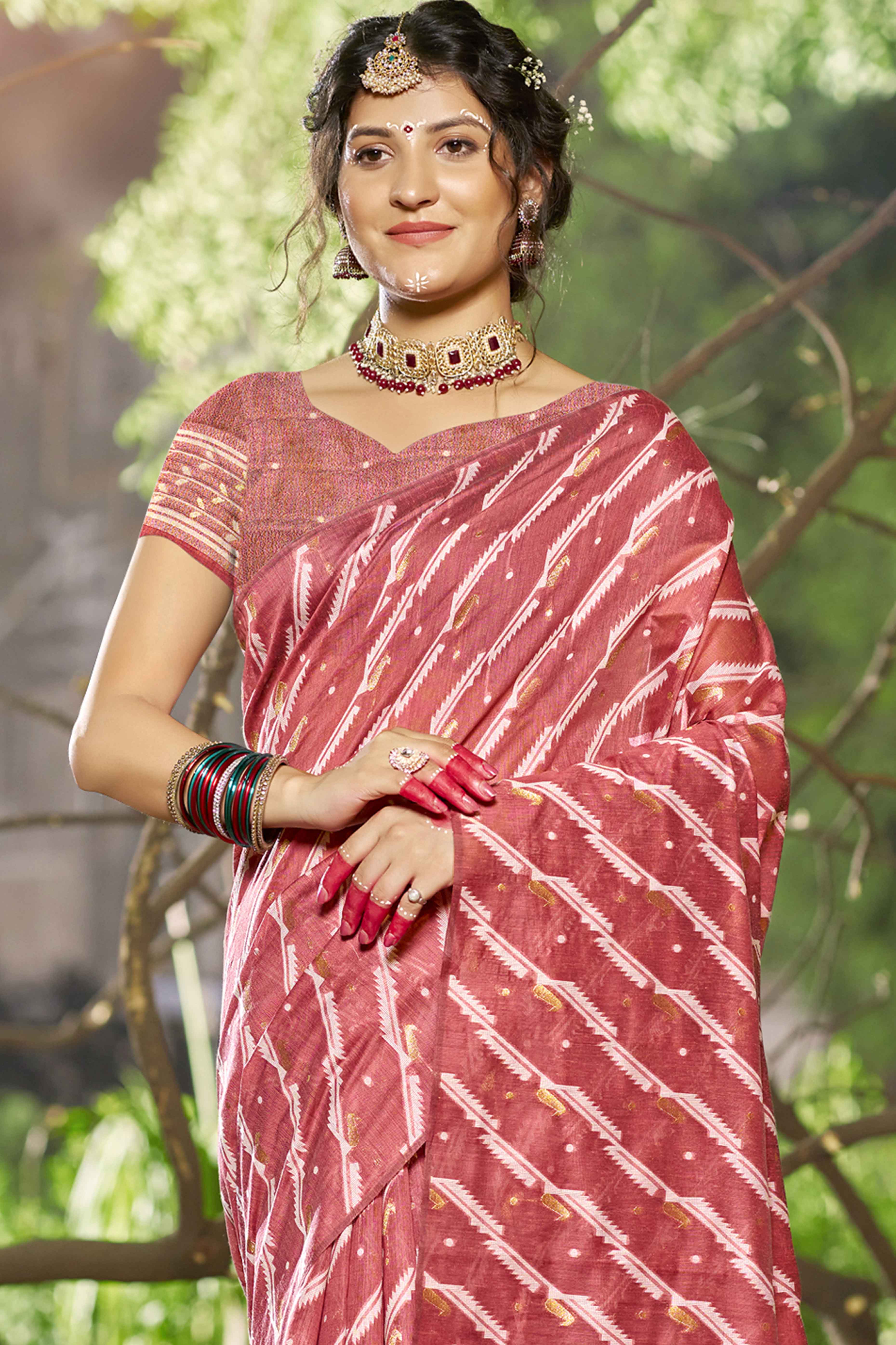 Pink Printed With Woven Linen Cotton Saree With Tassels