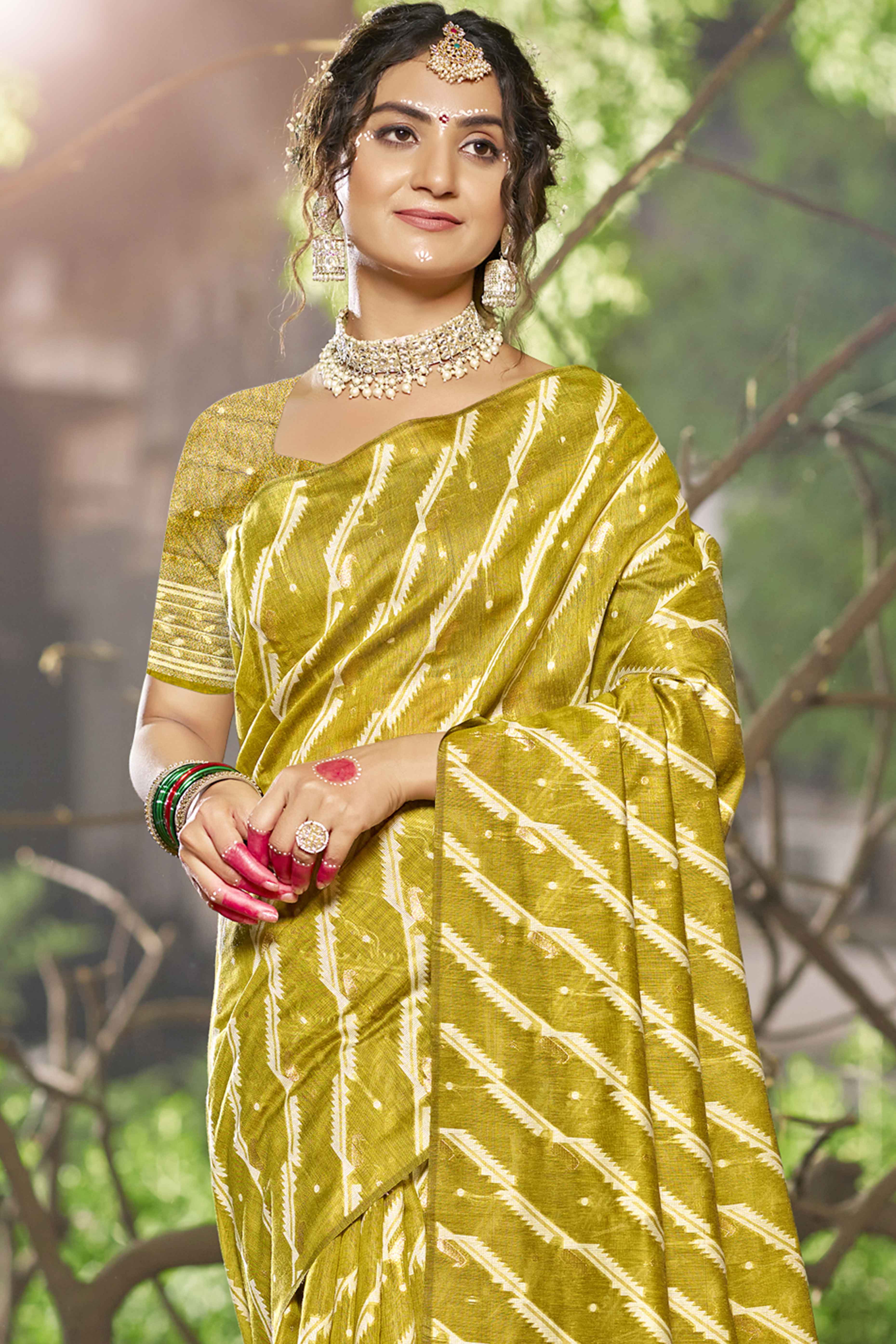 Olive Printed With Woven Linen Cotton Saree With Tassels