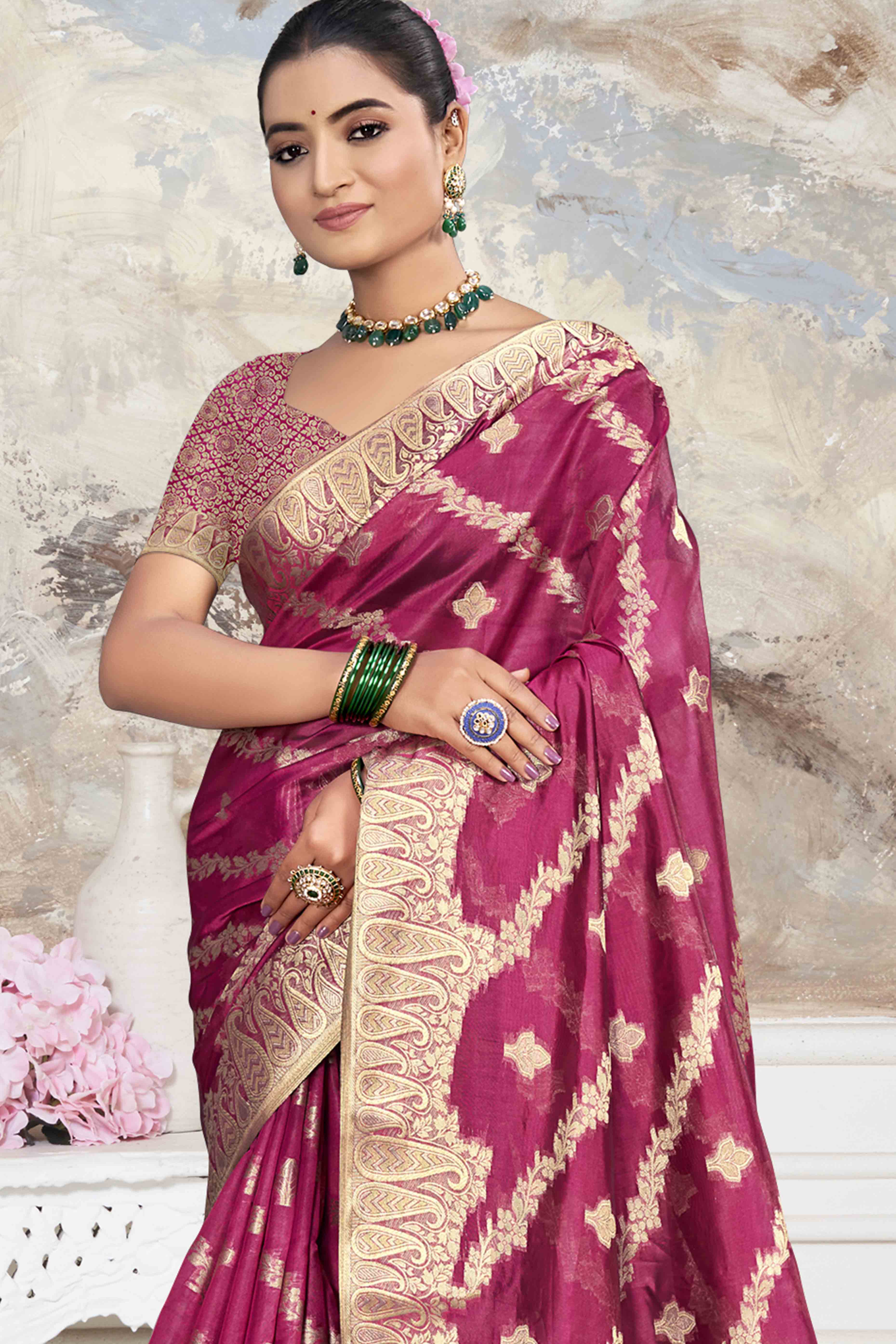 Dark Magenta Floral With Paisley Pattern Zari Woven Organza Saree