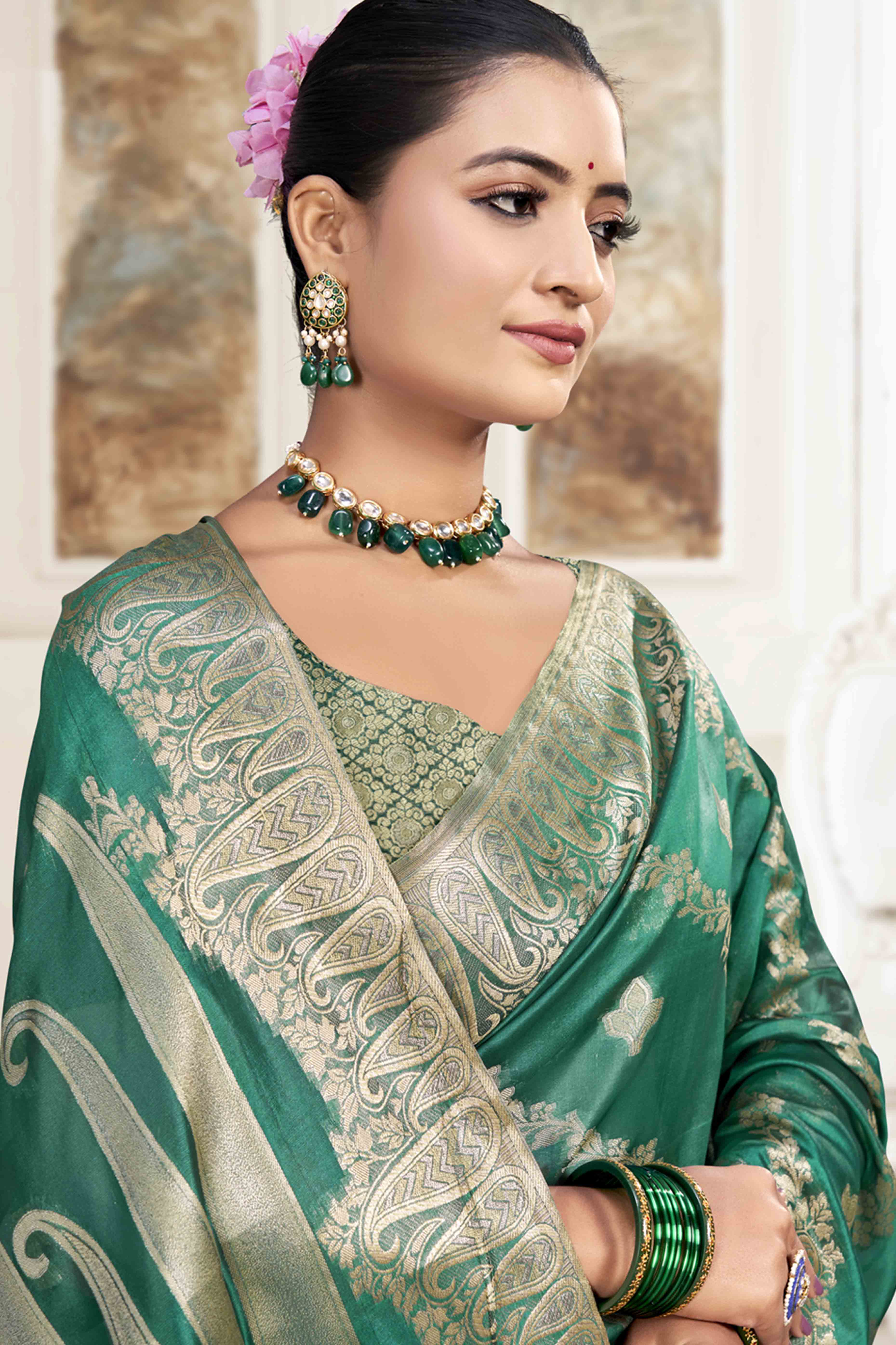 Rama Green Floral With Paisley Pattern Zari Woven Organza Saree