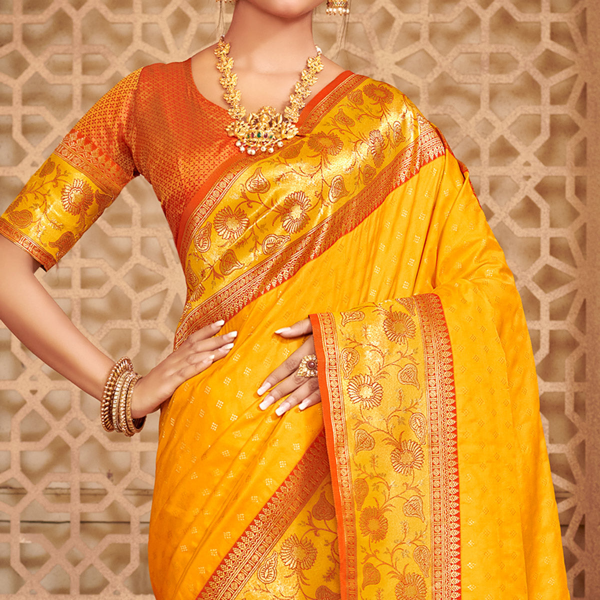 Yellow Floral Woven Banarasi Silk Saree With Tassels