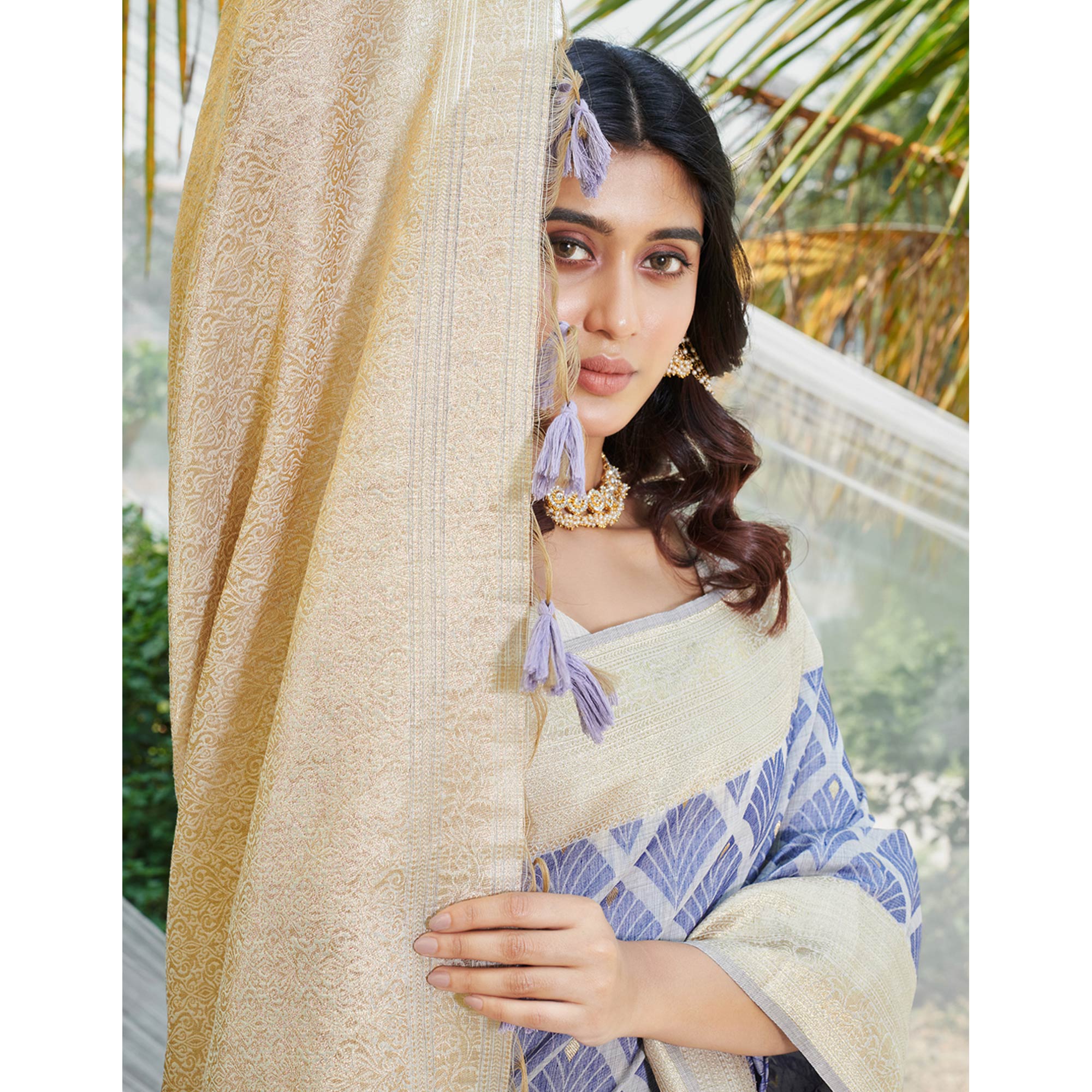 Blue Woven Cotton Silk Saree With Tassels