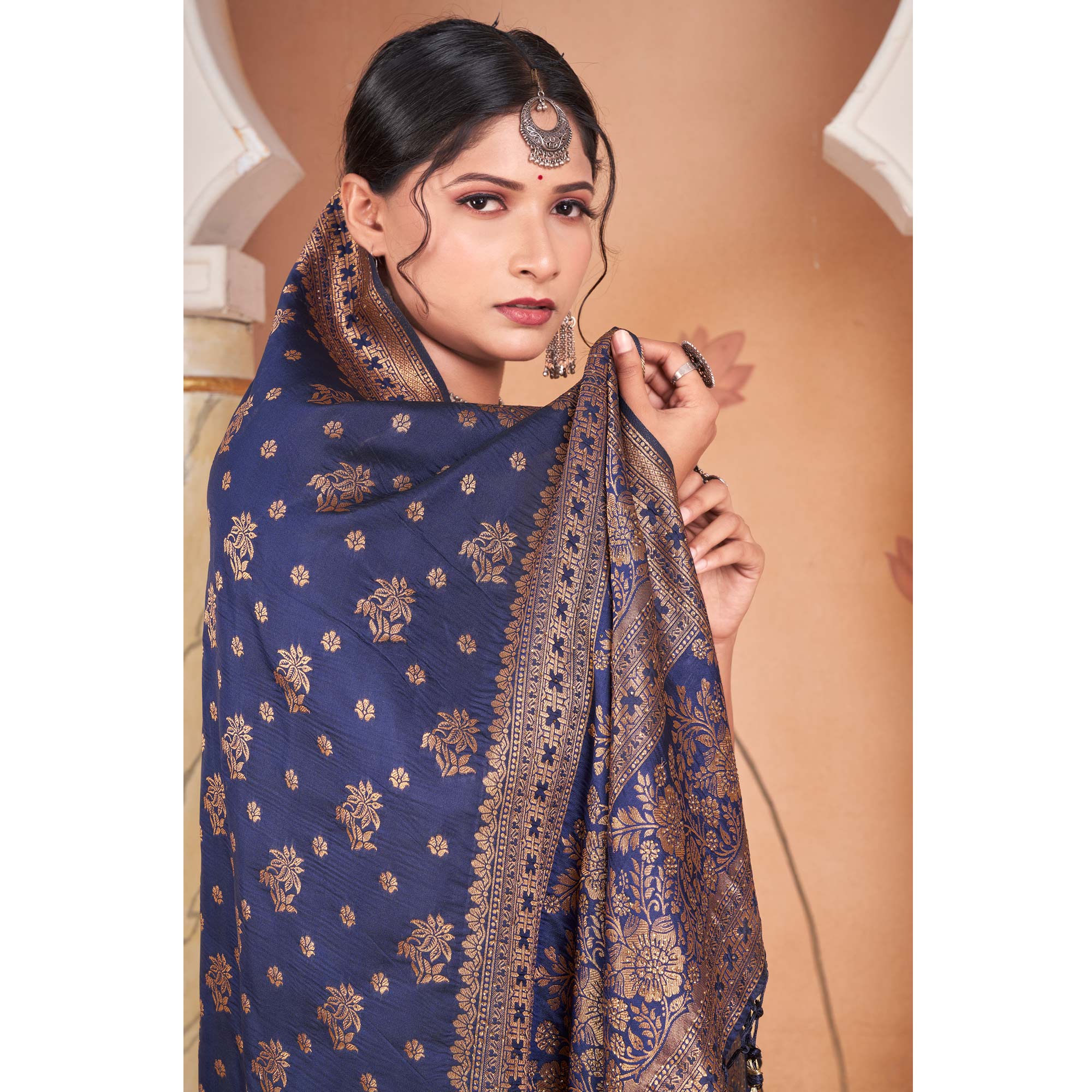 Blue Floral Woven Banarasi Silk Saree With Tassels