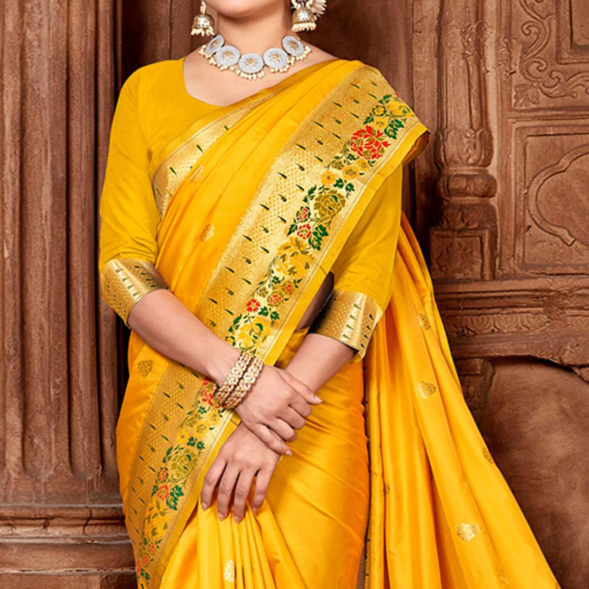 Yellow Woven Paithani Banarasi Silk Saree With Tassels