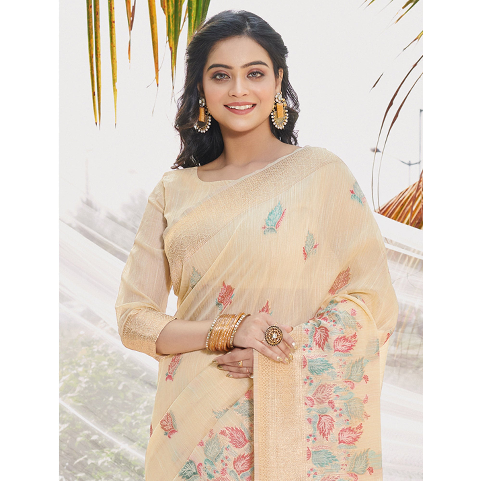 Beige Floral Woven Cotton Silk Saree With Tassels