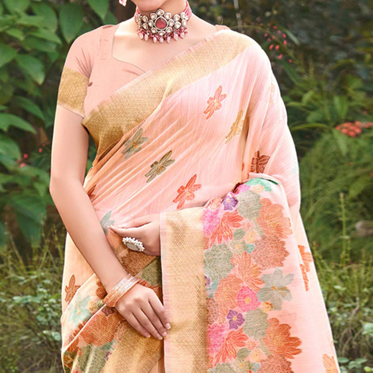 Peach Woven Cotton Blend Saree With Tassels
