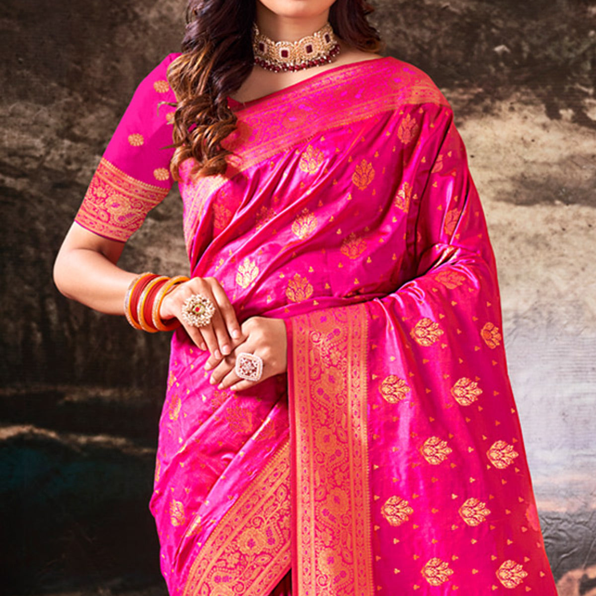 Pink Floral Woven Banarasi Silk Saree With Tassels