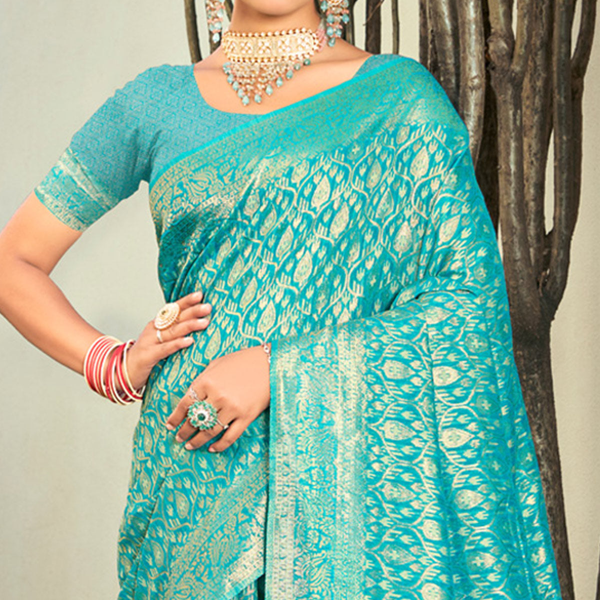 Blue Floral Woven Cotton Blend Saree With Tassels