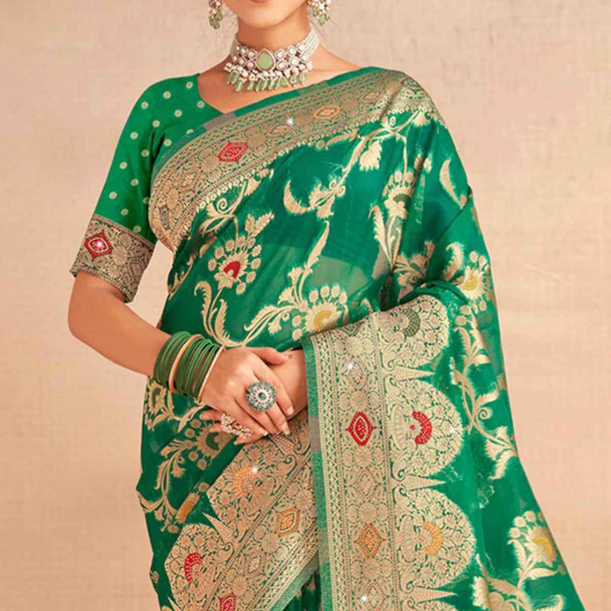 Green Woven Organza Saree With Tassels
