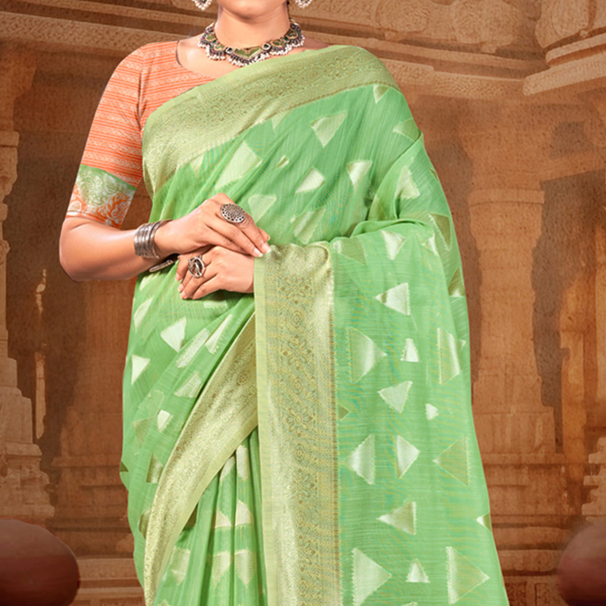 Green Woven Linen Saree With Tassels
