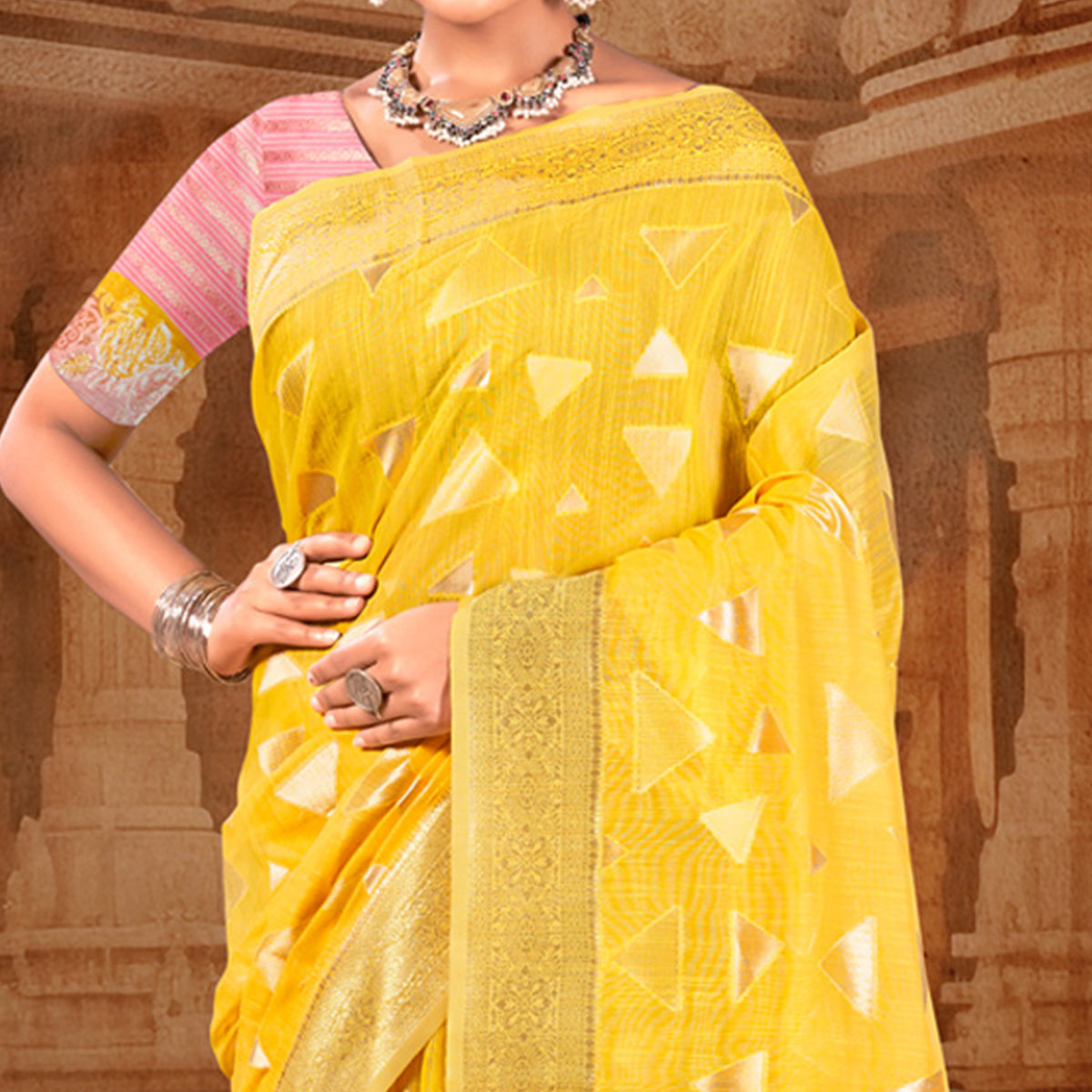 Yellow Woven Linen Saree With Tassels