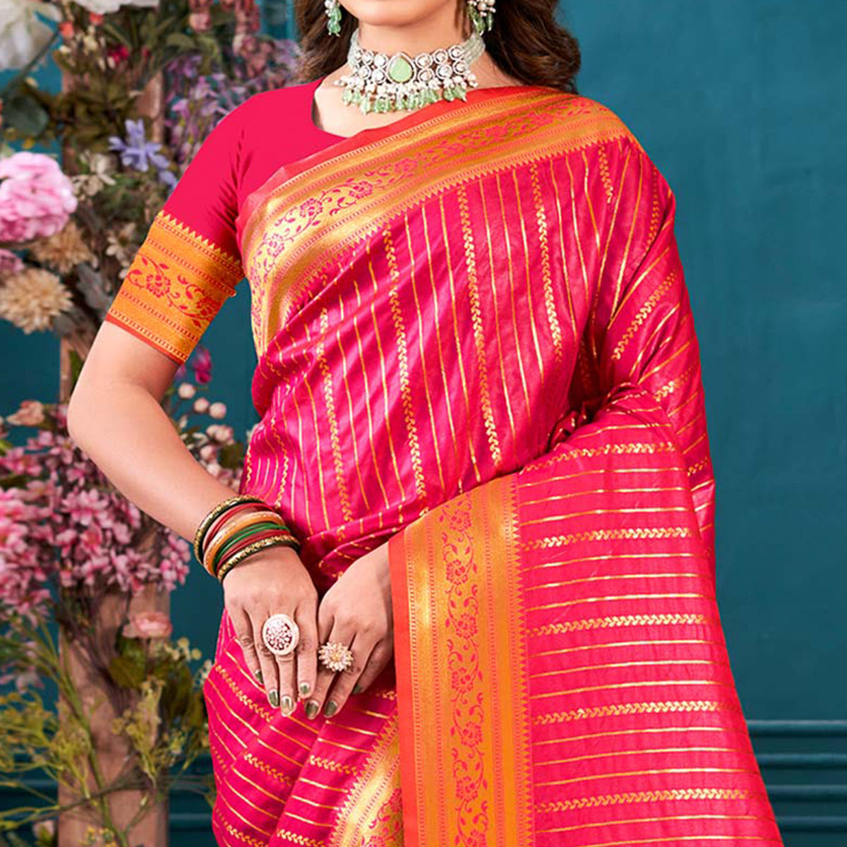 Pink Woven Paithani Raw Silk Saree With Tassels
