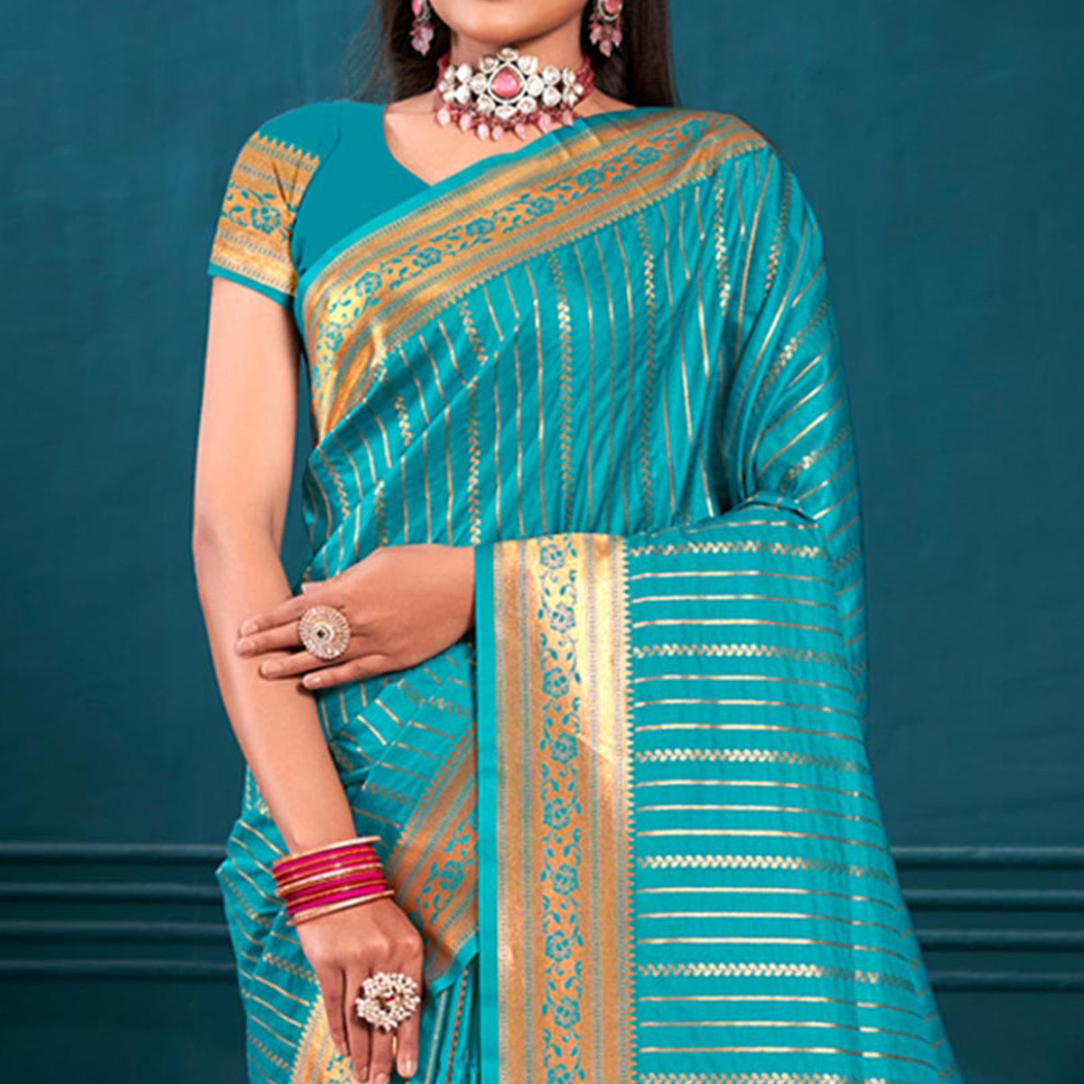 Turquoise Woven Paithani Raw Silk Saree With Tassels
