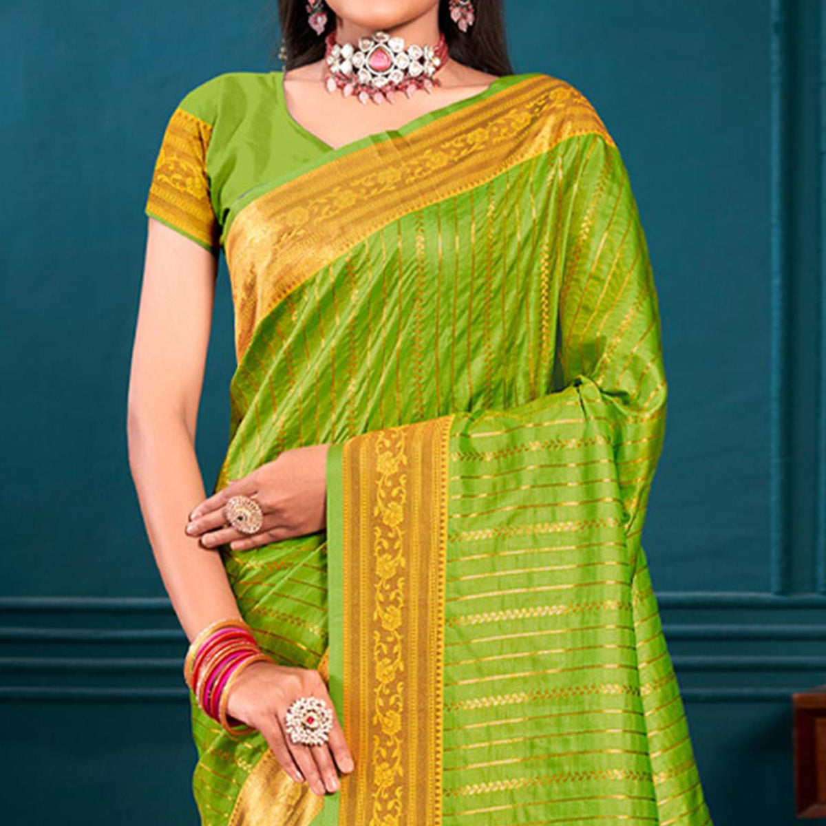 Parrot Green Woven Paithani Raw Silk Saree With Tassels