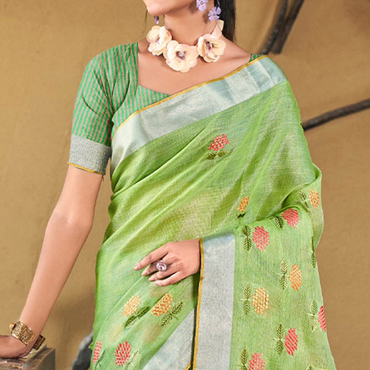 Green Floral Embroidered Linen Saree With Tassels