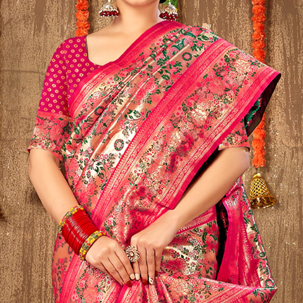 Pink Floral Woven Banarasi Silk Saree