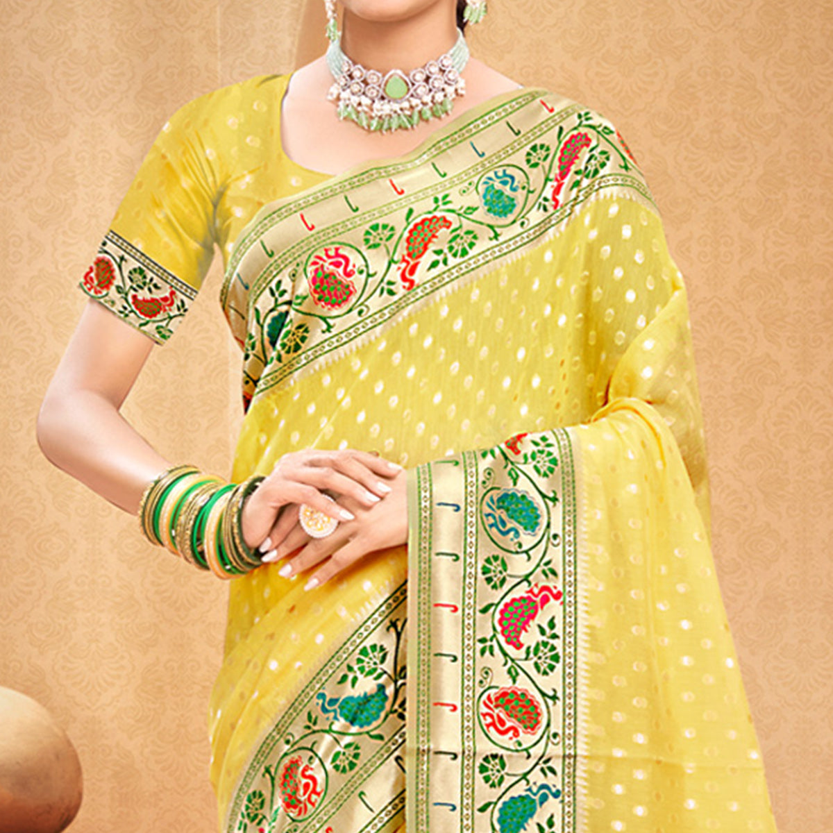 Yellow Floral Woven Cotton Blend Saree With Tassels