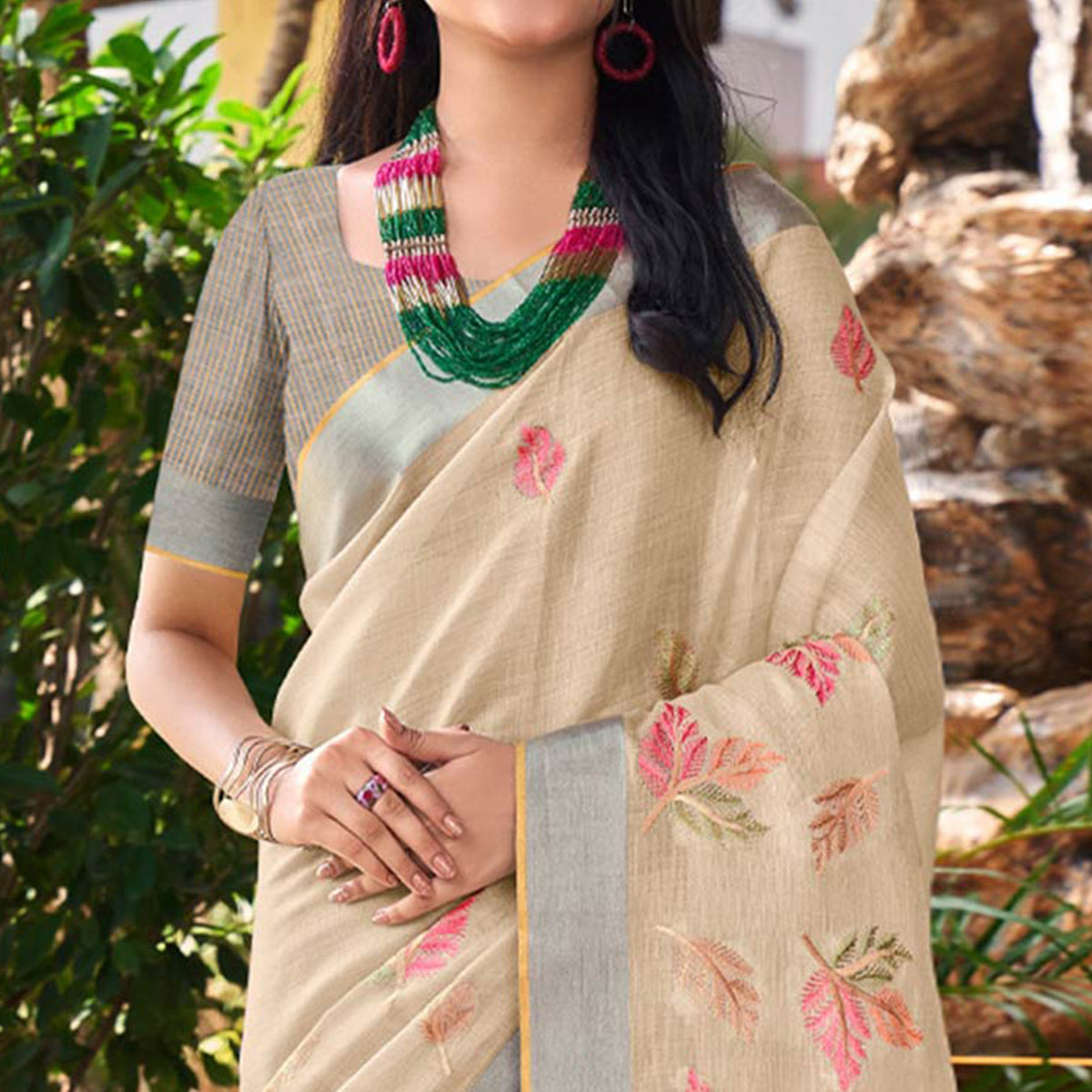 Beige Floral Embroidered Linen Saree With Tassels