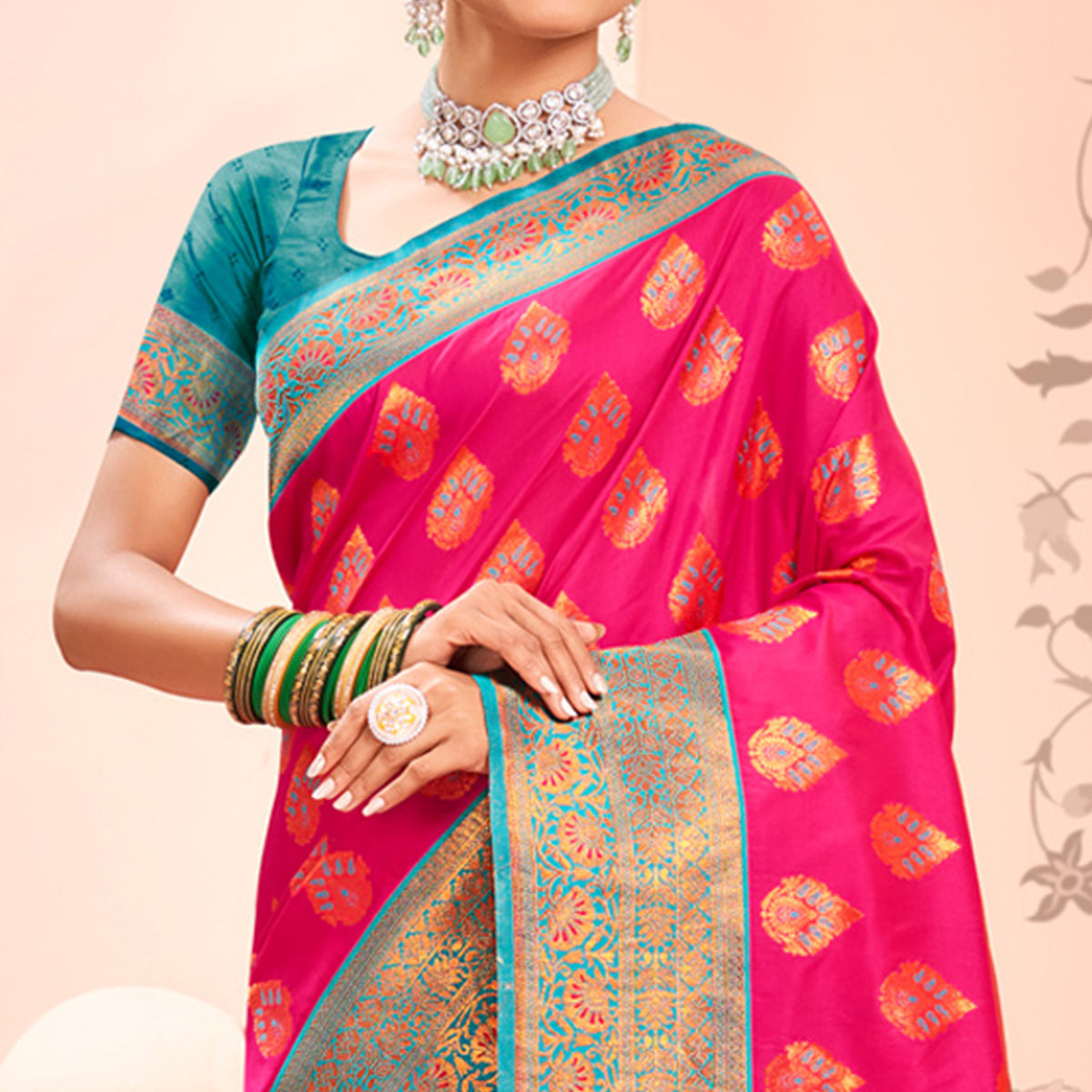 Pink Floral Woven Kanjivaram Silk Saree With Tassels
